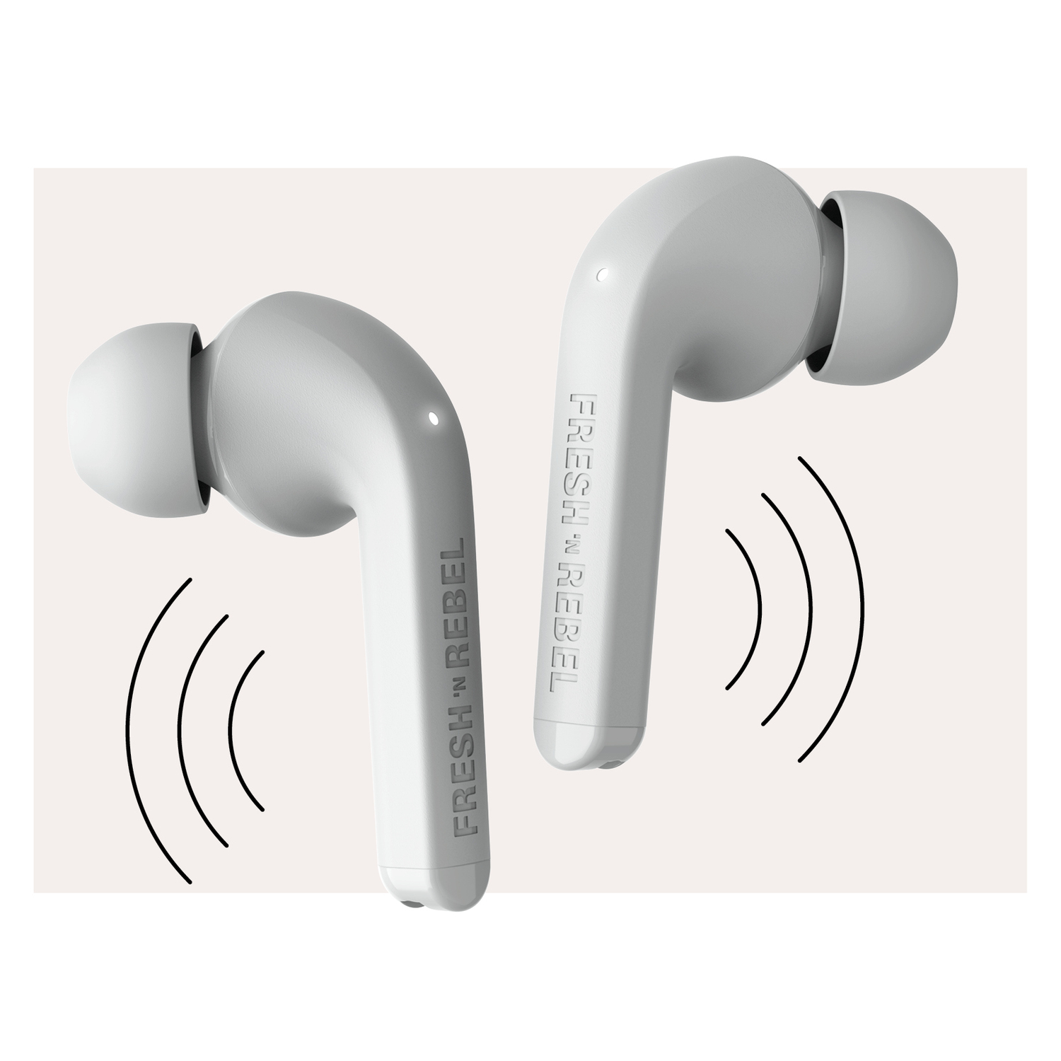 Two white wireless earbuds with FRESH 'N REBEL printed on them. Sound waves are drawn.