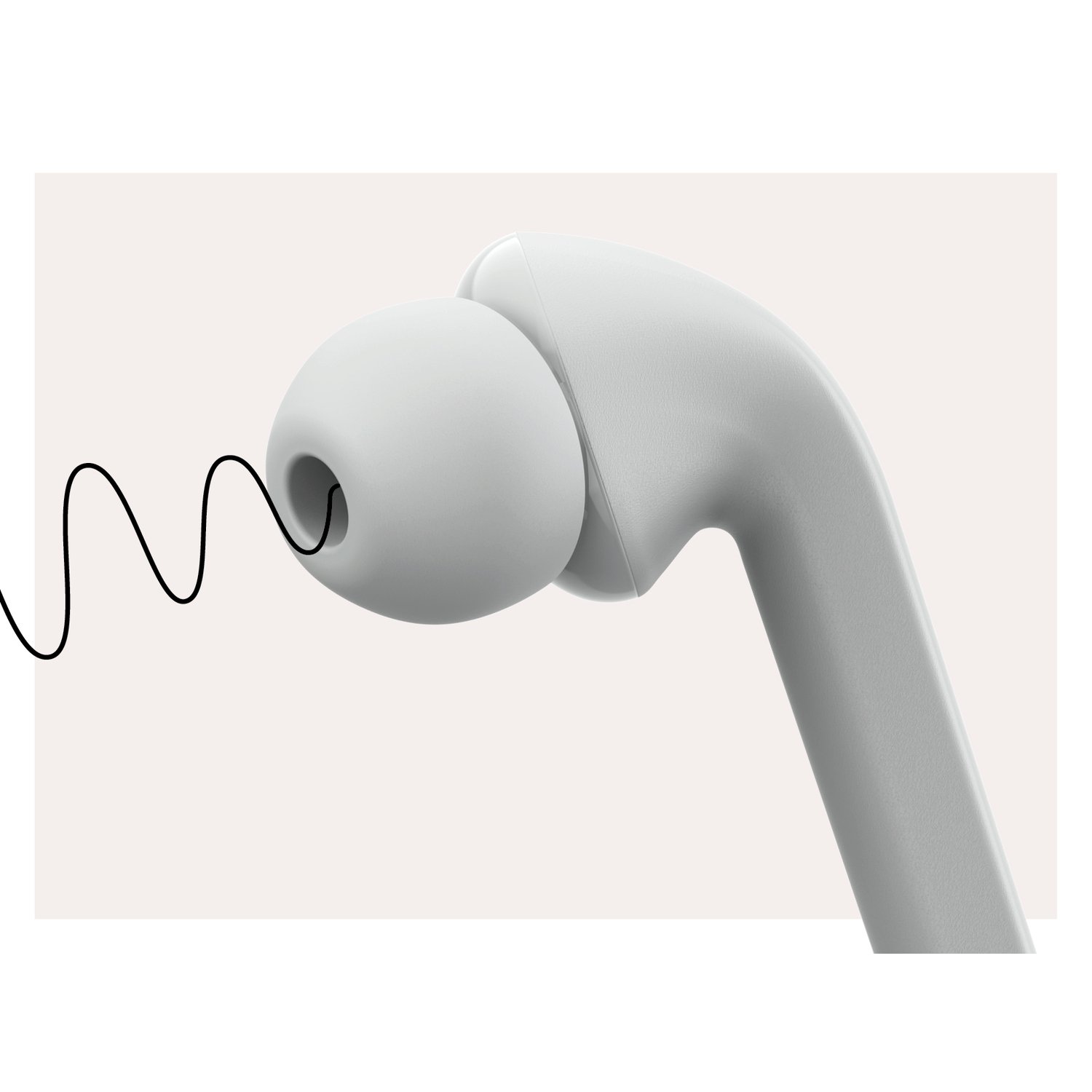White earbud with a black line, close-up.