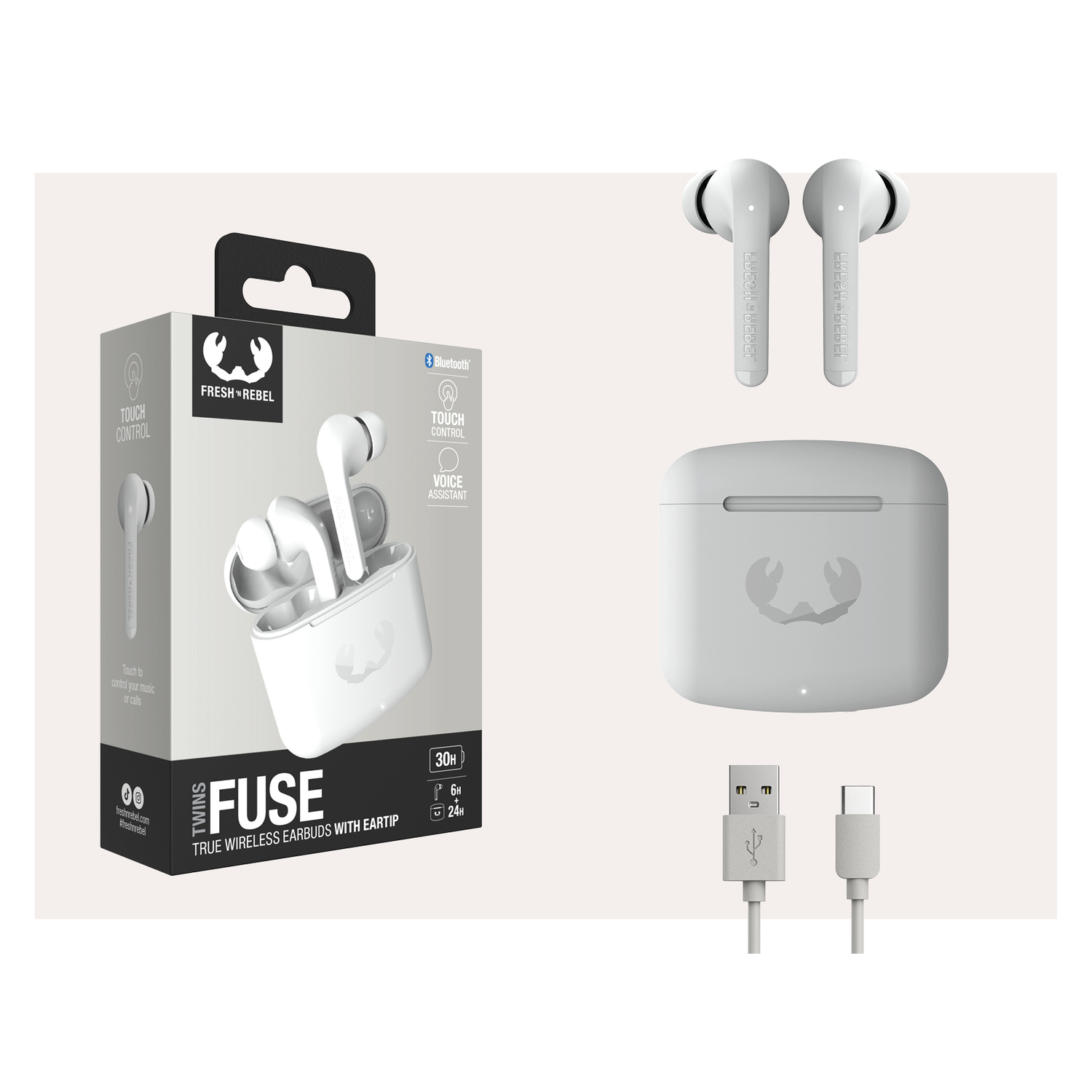 Earbuds, charging case, and cables are displayed with a box. Text 