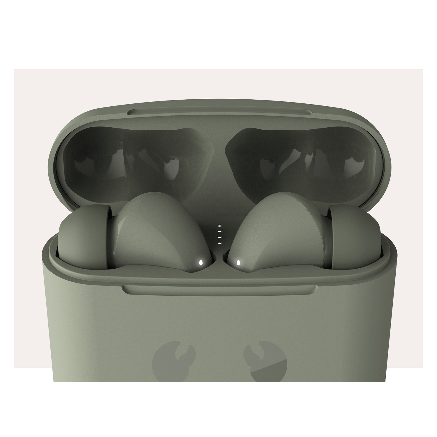 Earbuds in a charging case. The case is open, showing the buds inside. Green case and white background.