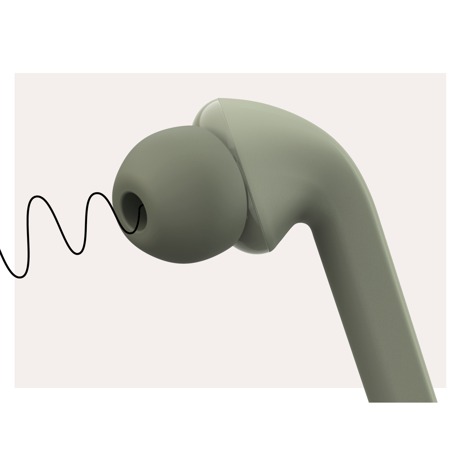 Close-up of an earbud. A black line represents sound waves coming from it.