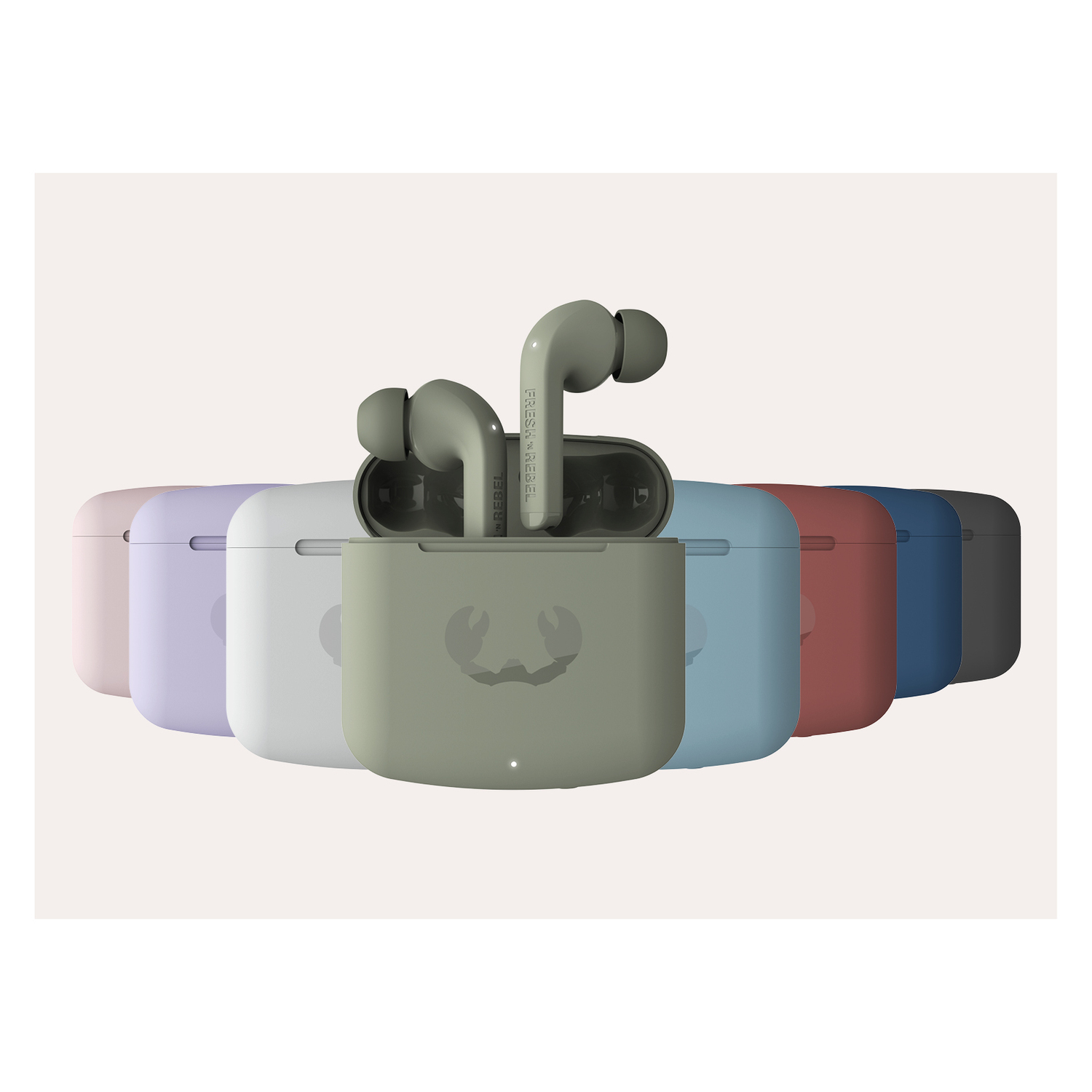 Earbuds and charging case in multiple colors, arranged in a row on a white surface. The case is open.