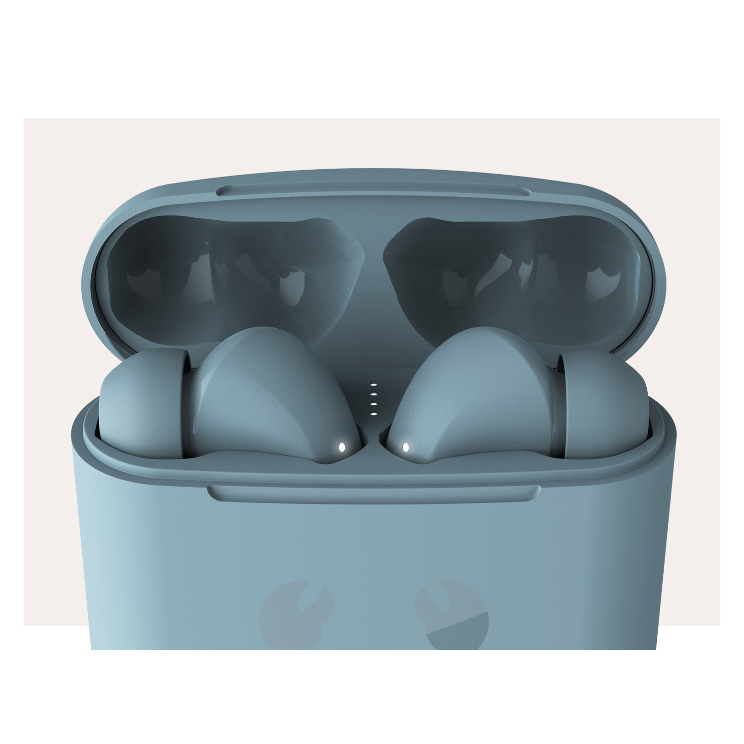 Open light blue earbud case with two light blue earbuds inside.