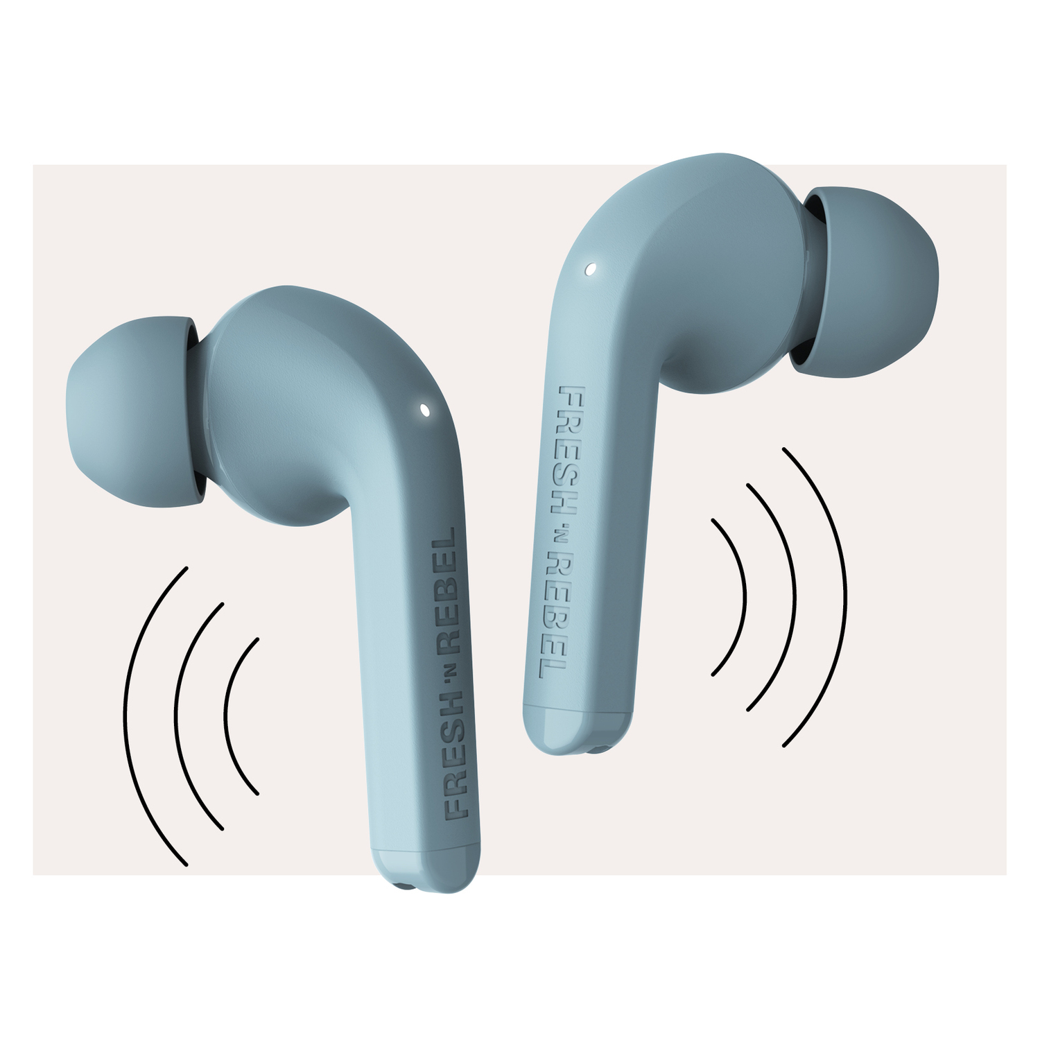 Two blue earbuds, with a Fresh 'n Rebel logo, with sound wave icons.