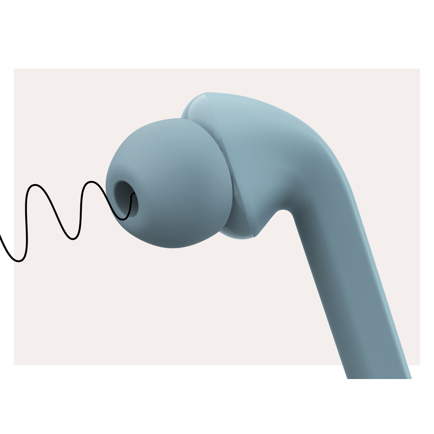 Close-up of a light blue earbud, with a black wire, on a light background.
