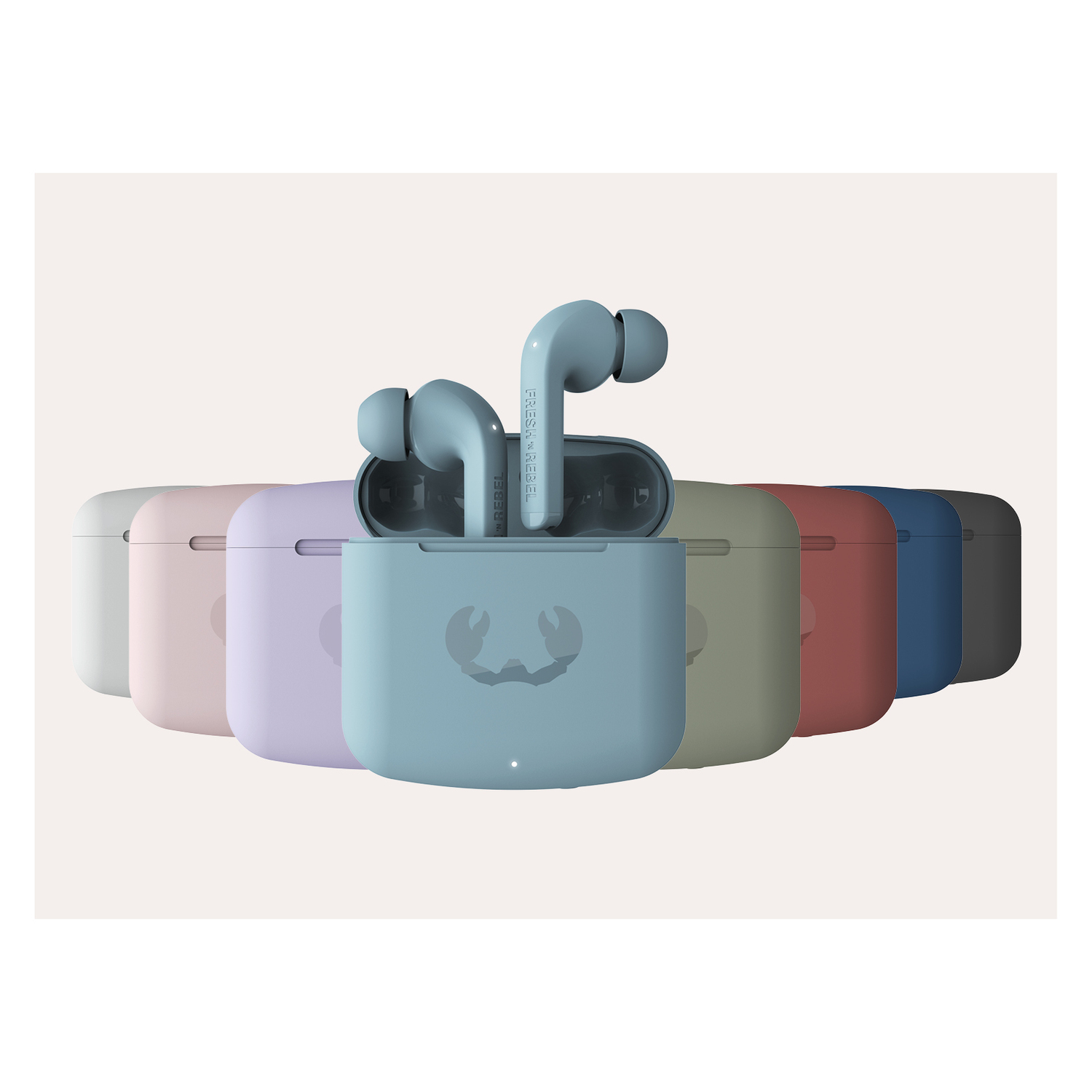 Earbuds and their charging cases in several colors, arranged in a row.