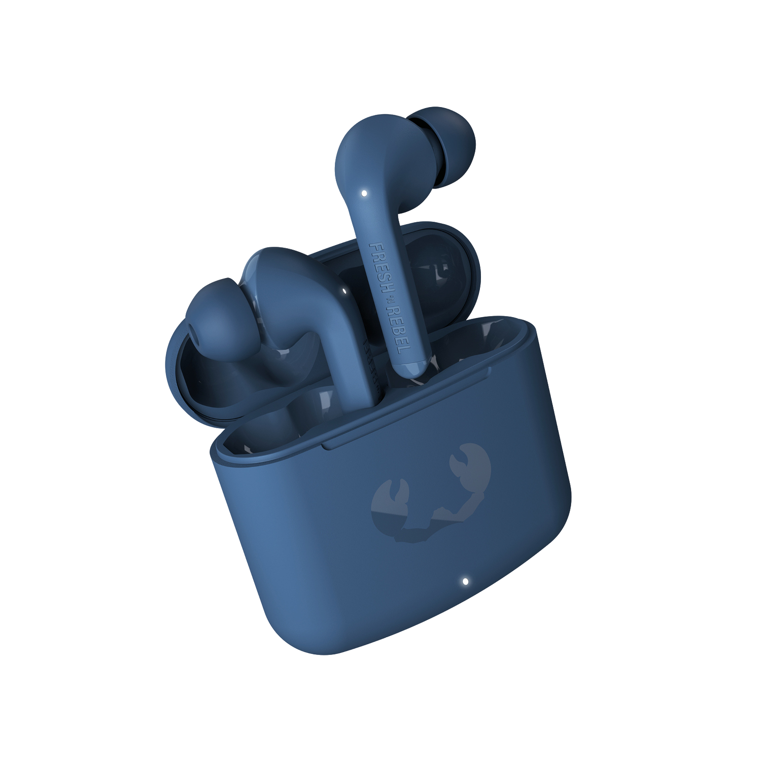 Écouteurs bleus et étui de chargement. Les écouteurs sont dans et hors de l'étui. Logo de la marque sur les deux.