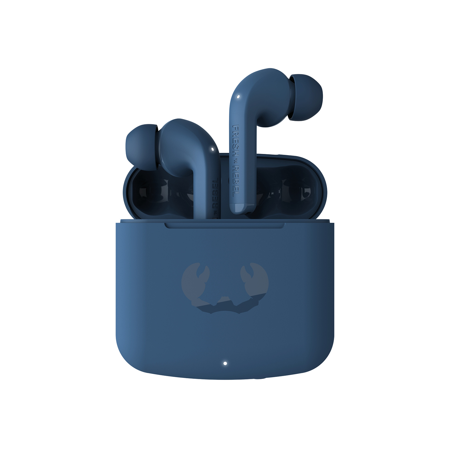 Écouteurs sans fil bleus avec étui de chargement. L'étui a un logo de crabe.