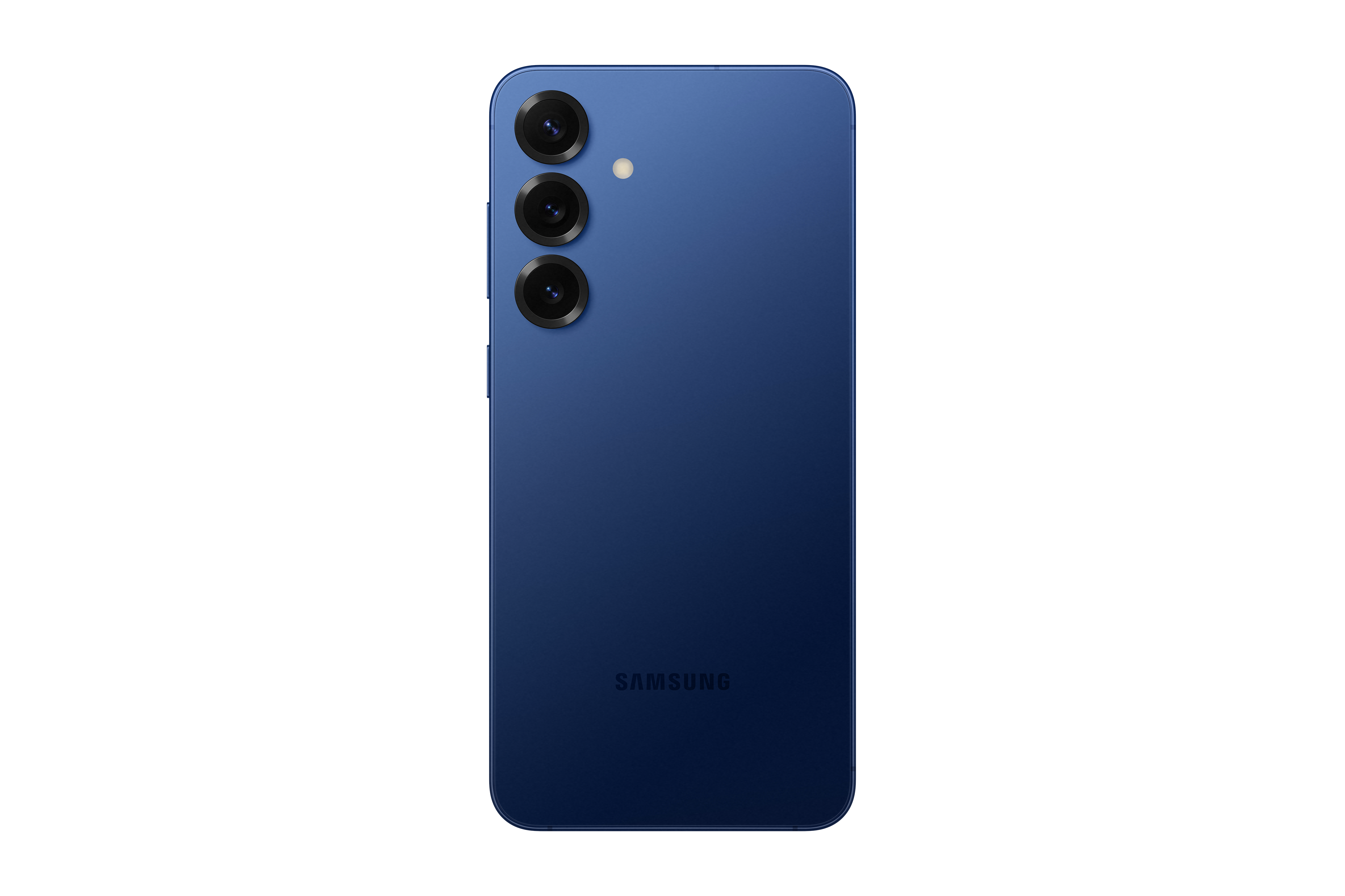 Blaue Telefonrückseite mit drei Kameras und einem Samsung-Logo. Schwarzer Hintergrund.