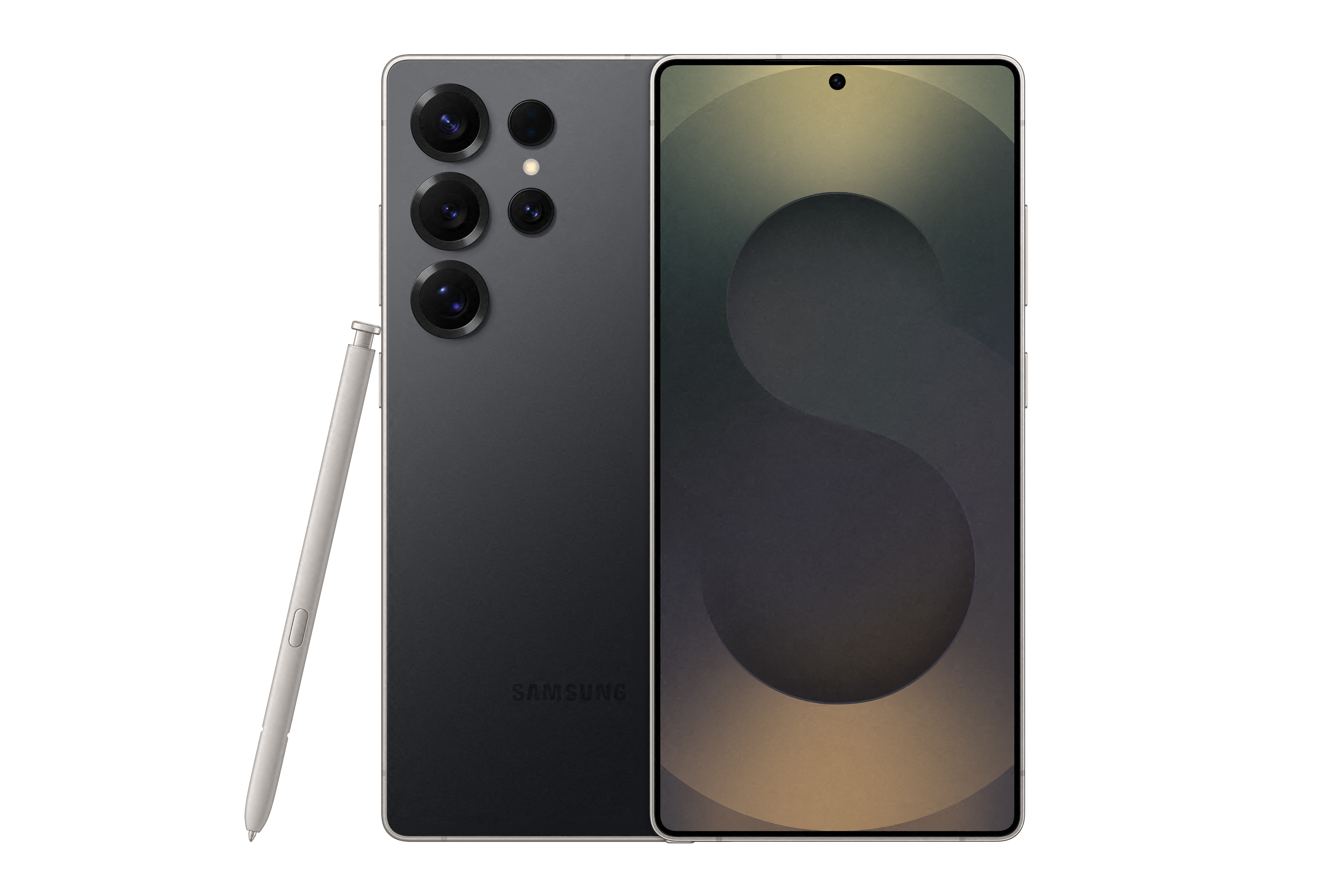 Schwarzes Samsung-Telefon mit Stift und mehreren Kameras, vor schwarzem Hintergrund.