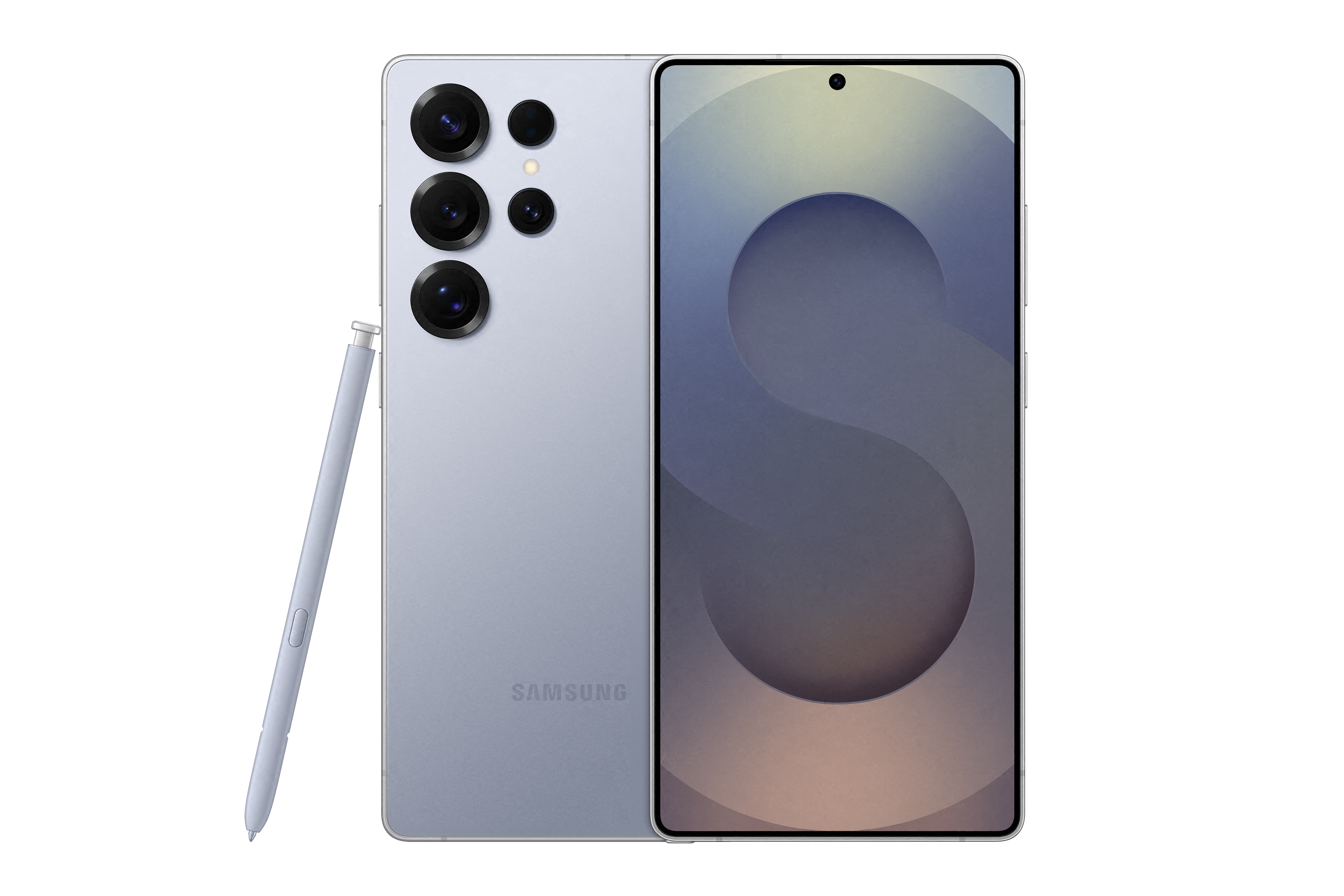 Ein hellblaues Telefon mit Stift. Die Rückseite hat Kameras. Der Bildschirm zeigt einen hellblauen Hintergrund.