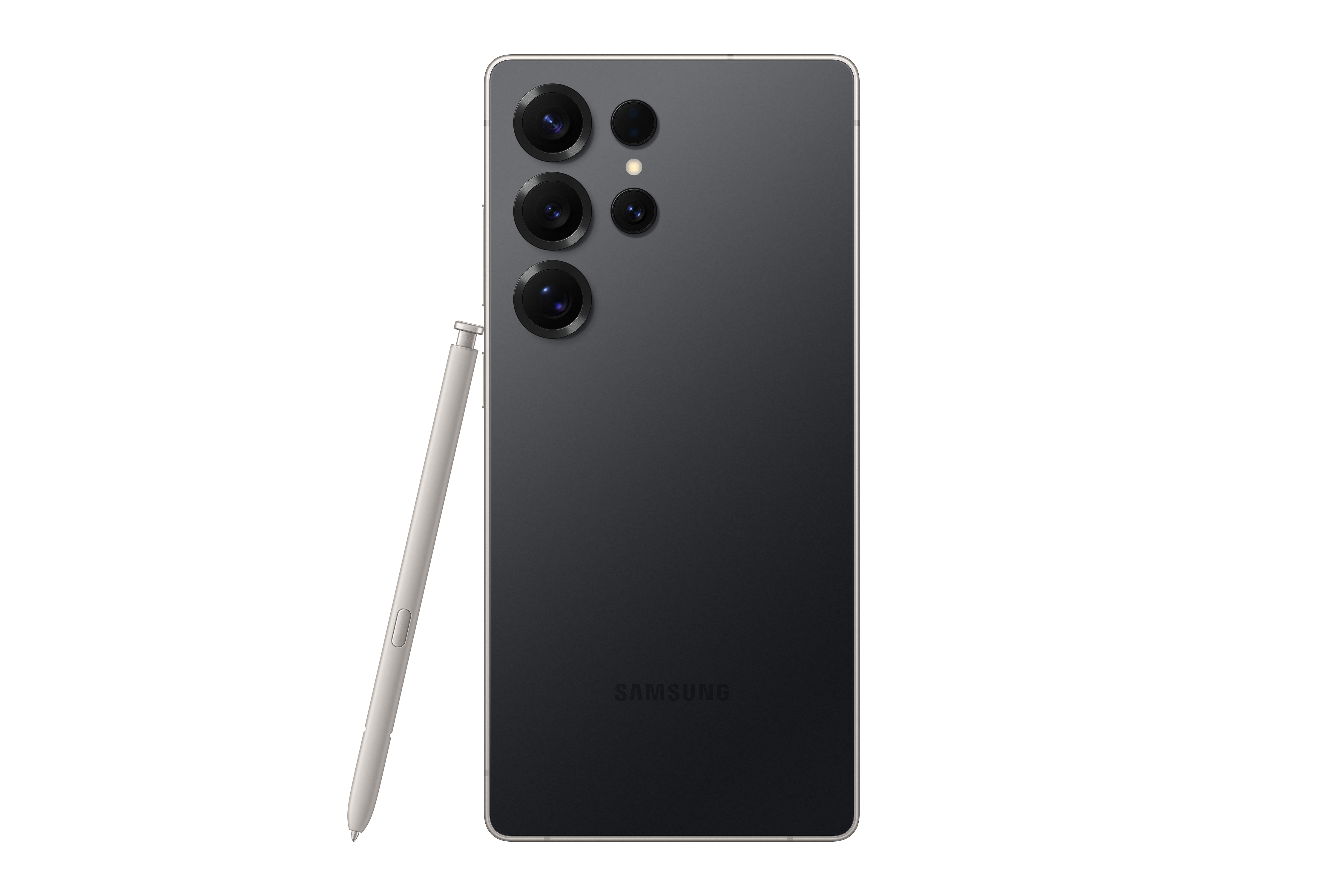 Ein schwarzes Smartphone mit mehreren Rückkameras und einem Stift, vor einem schwarzen Hintergrund.