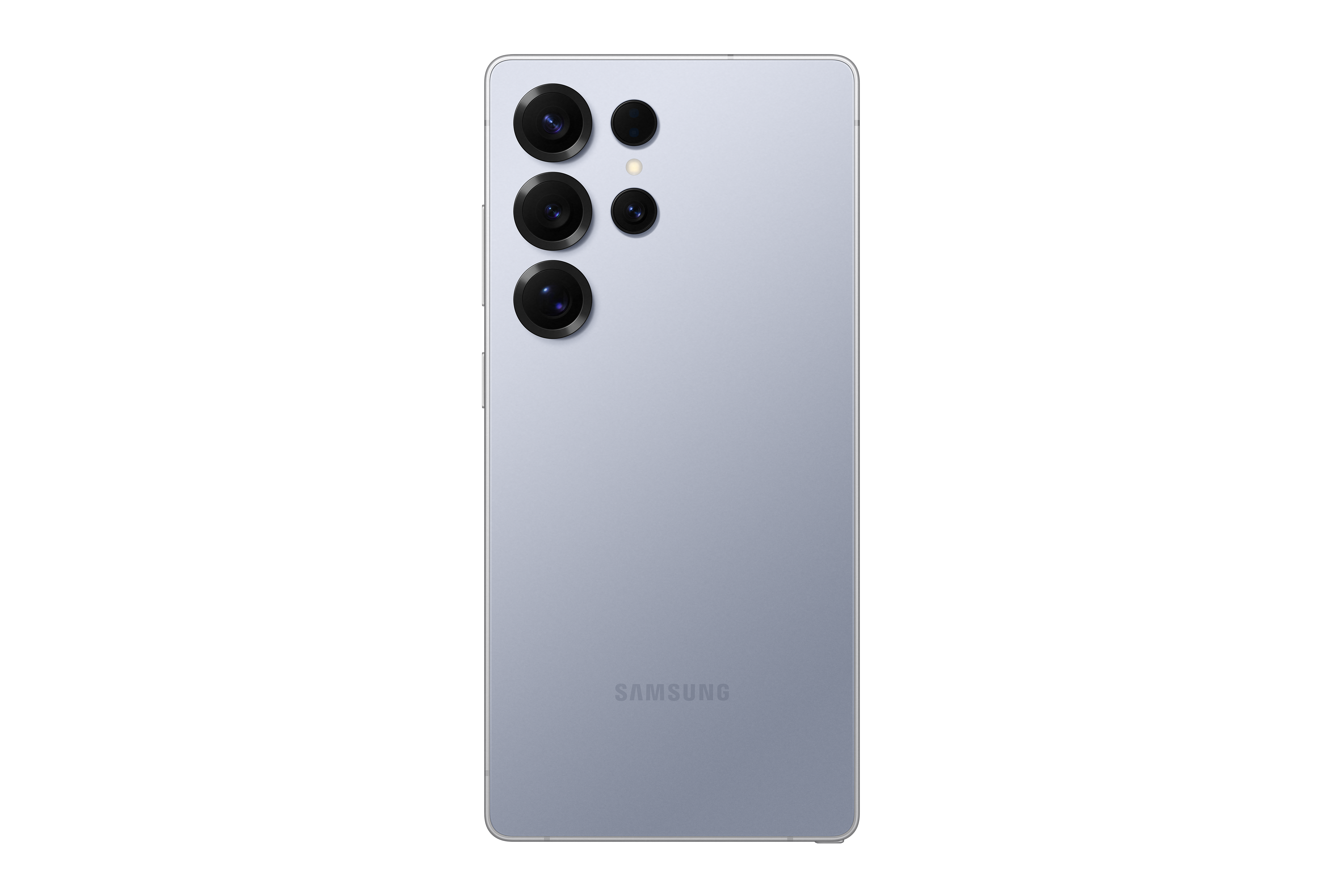 Rückseite eines hellblauen Smartphones mit mehreren Kameras. Schwarzer Hintergrund.
