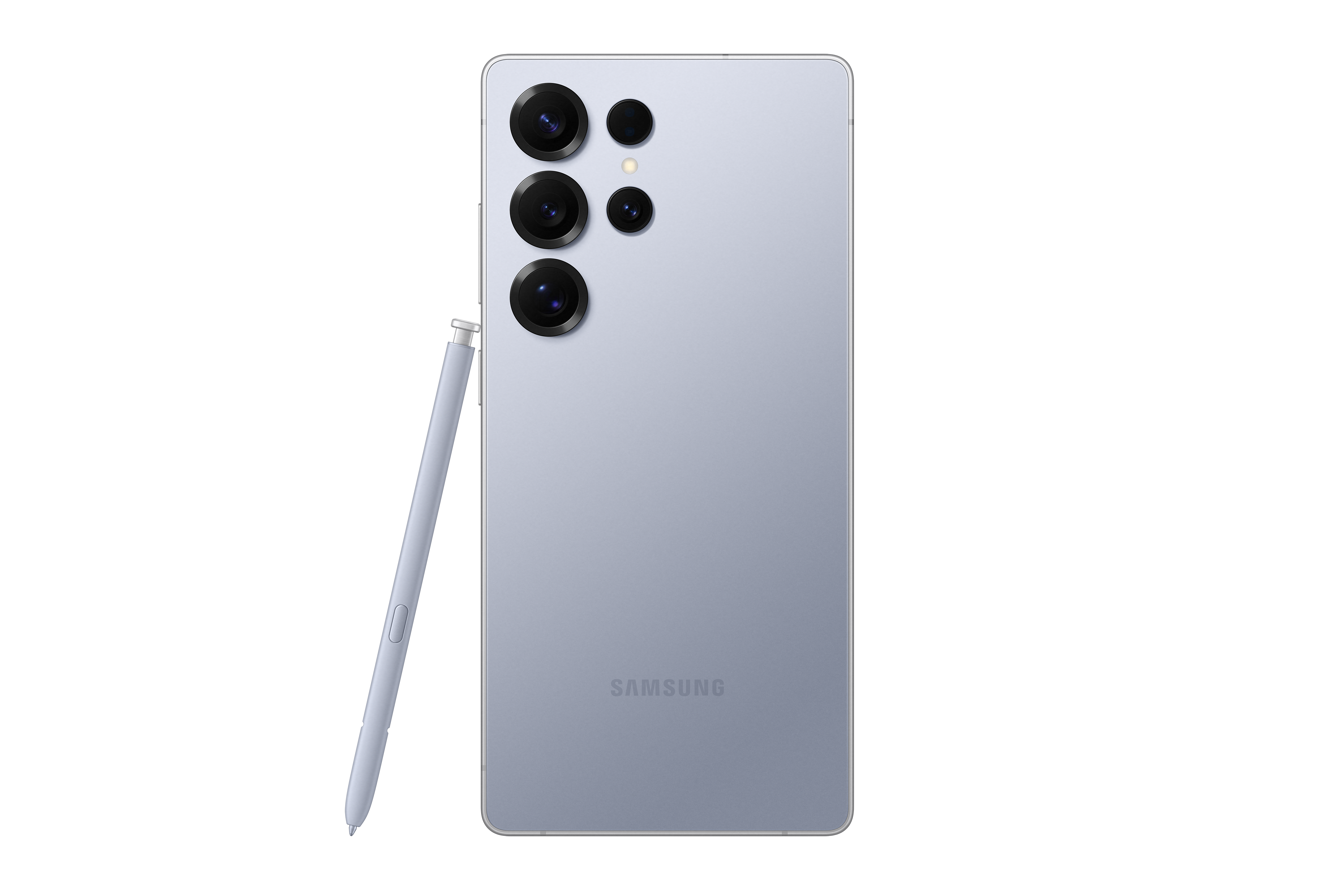 Rückseite eines silbernen Telefons mit mehreren Kameras und einem Stift. Schwarzer Hintergrund, Samsung-Logo.