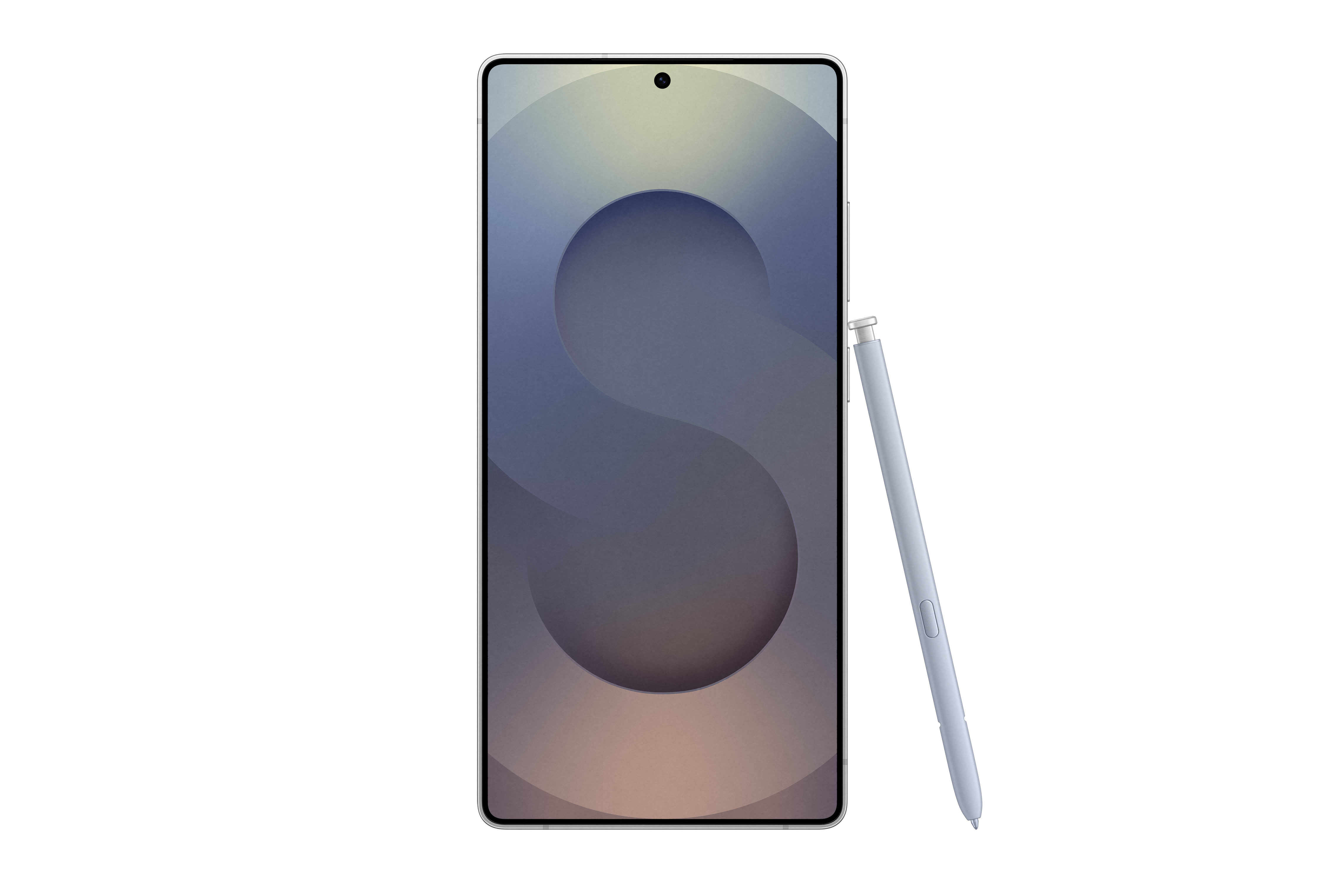 Ein Smartphone und ein Stift auf schwarzem Hintergrund. Das Telefon zeigt eine verschwommene S-Form.