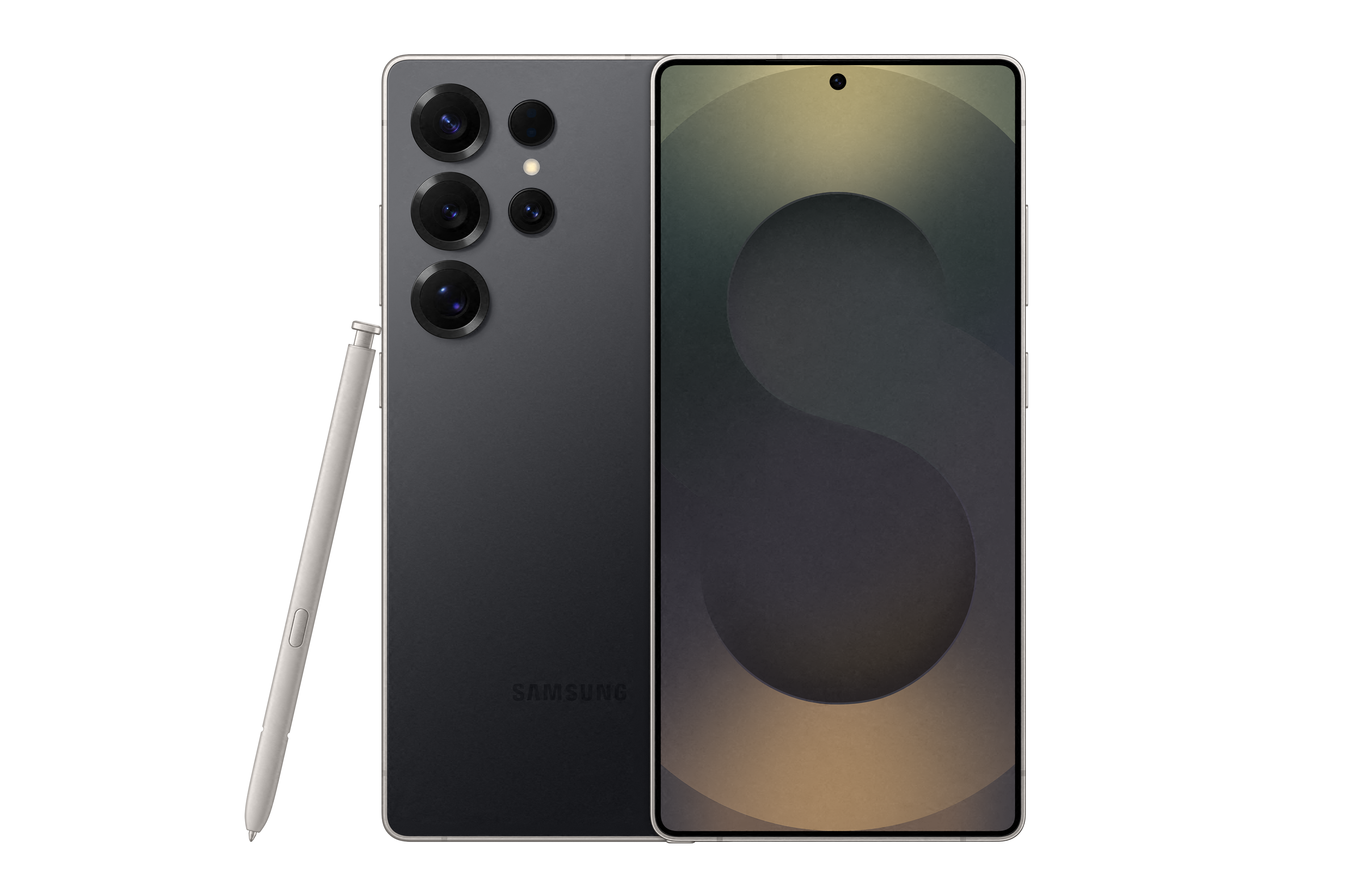 Schwarzes Samsung-Telefon mit mehreren Kameras und Stift, Rück- und Vorderansicht.