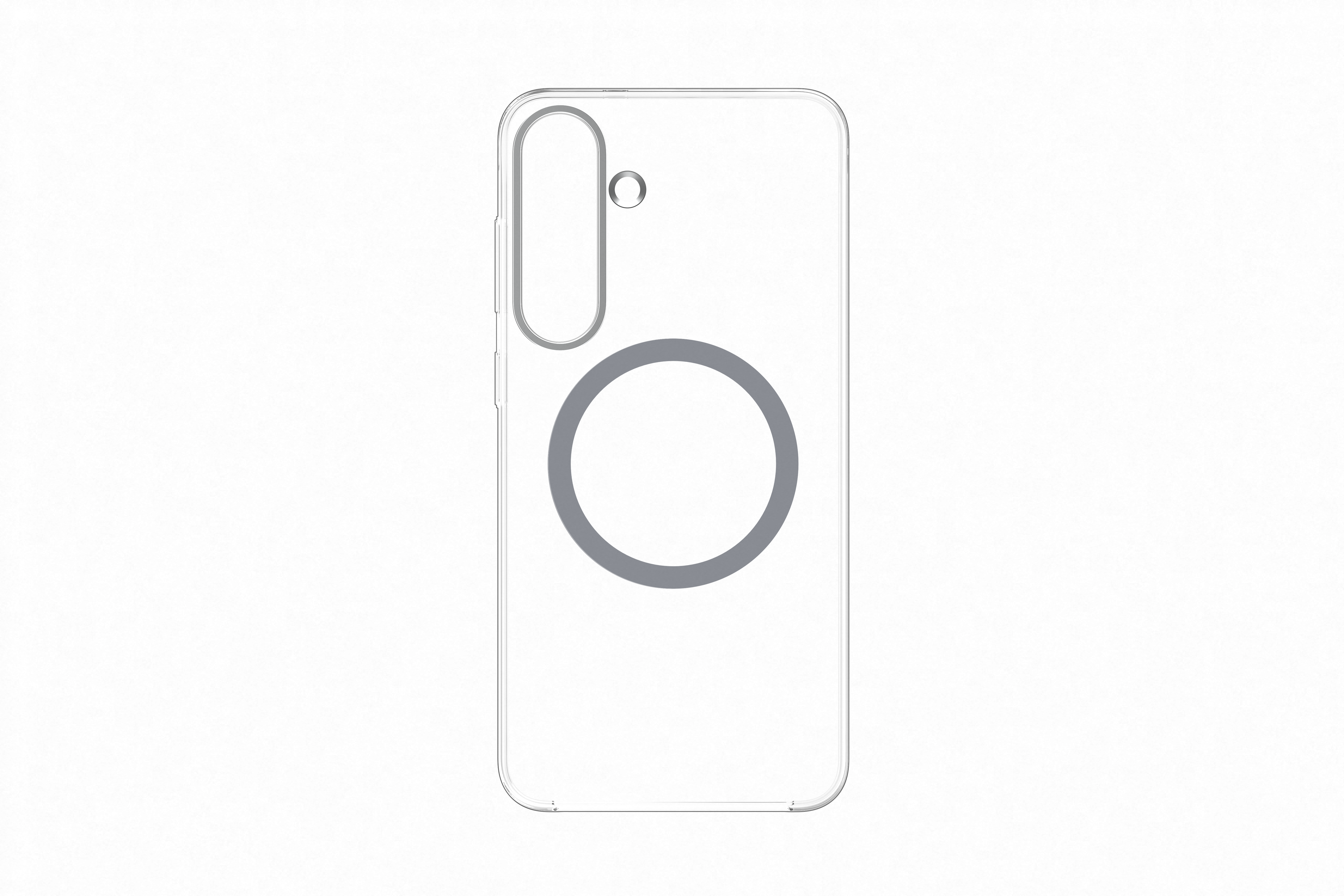 Transparente Handyhülle mit grauem MagSafe-Ring und Kameraausschnitt auf weißem Hintergrund.