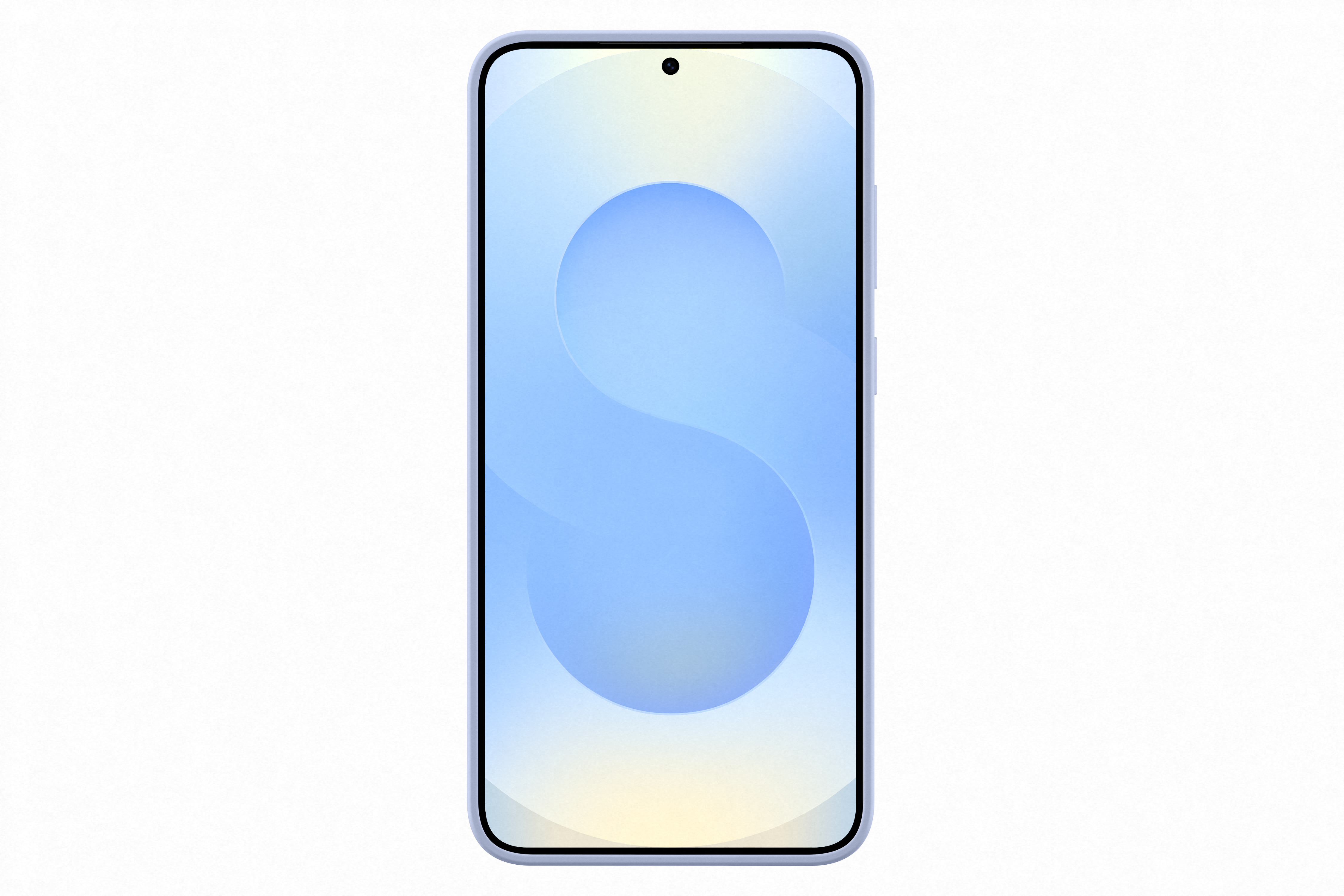 Ein Smartphone mit hellblauem Bildschirm, das ein blaues S anzeigt.