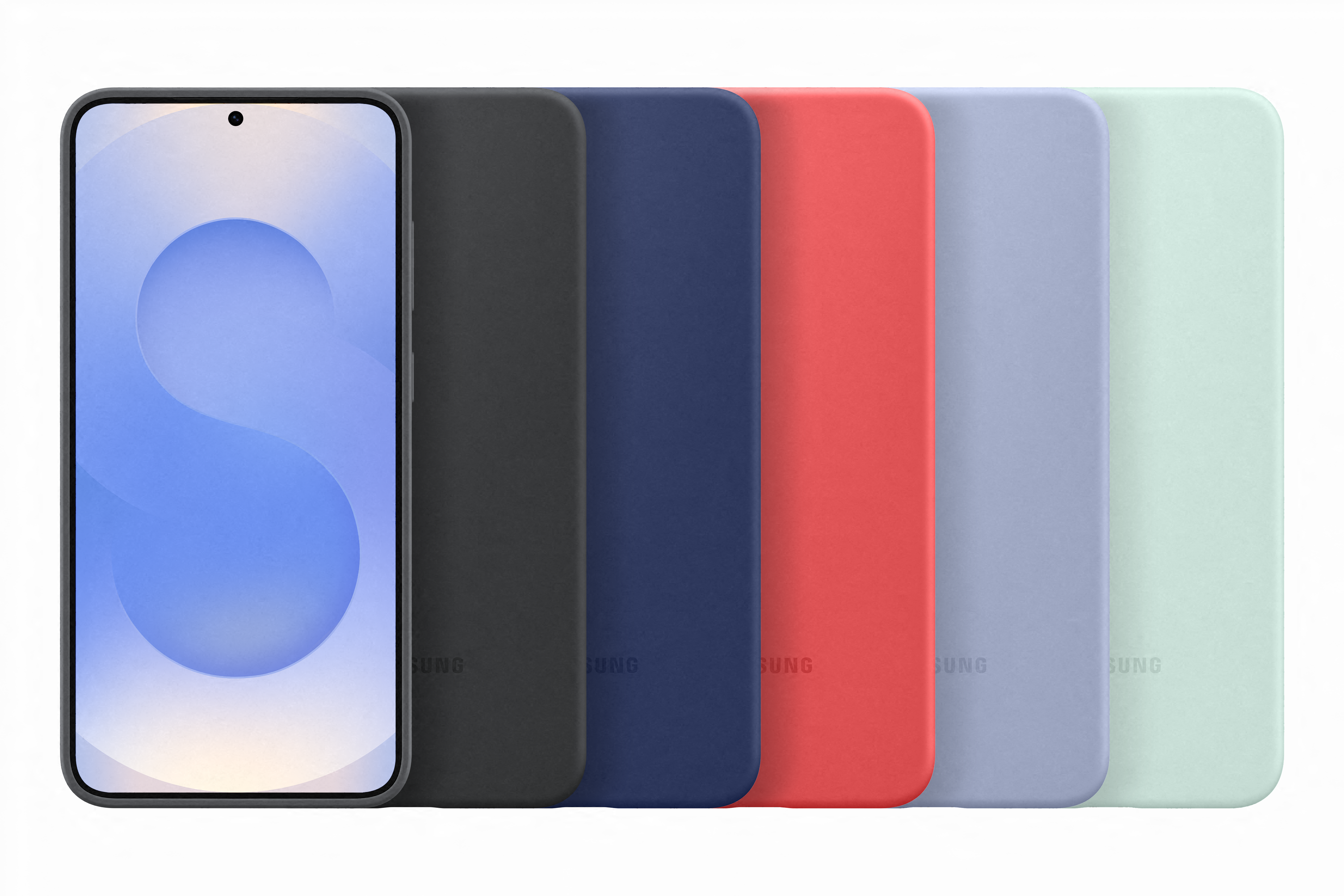 Ein Smartphone mit blauem Bildschirm und eine Reihe von Hüllen in verschiedenen Farben.