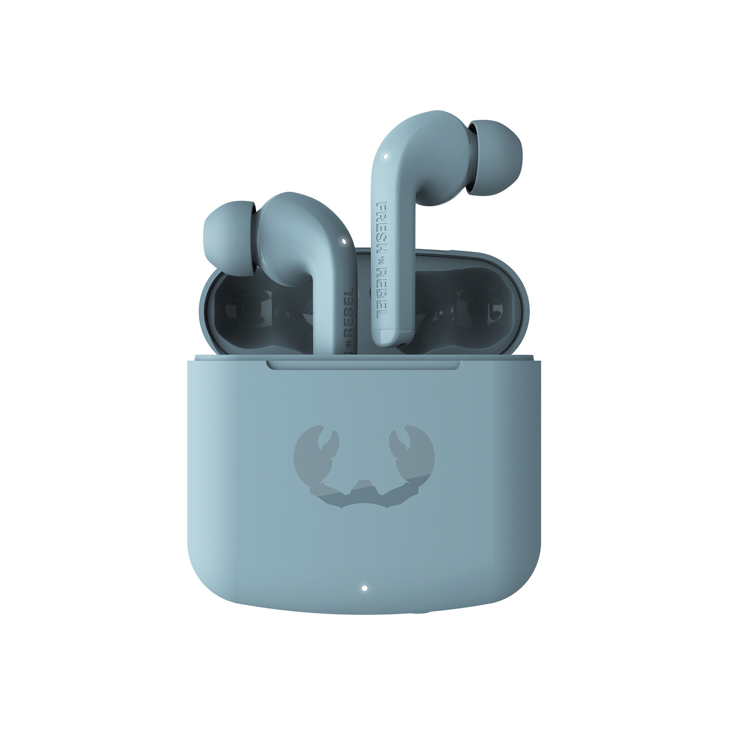 Two light blue earbuds in a matching case, with 'FRESH 'N REBEL' text.