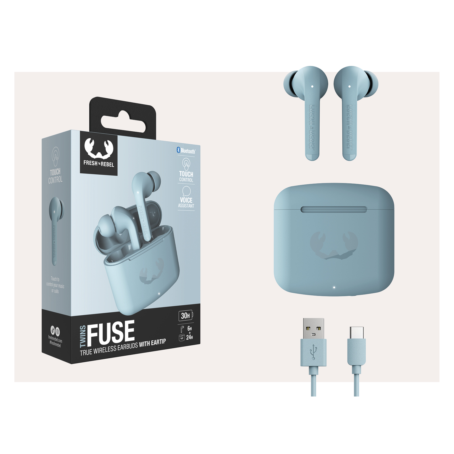 Earbuds, charging case, and accessories in a box. All are light blue.