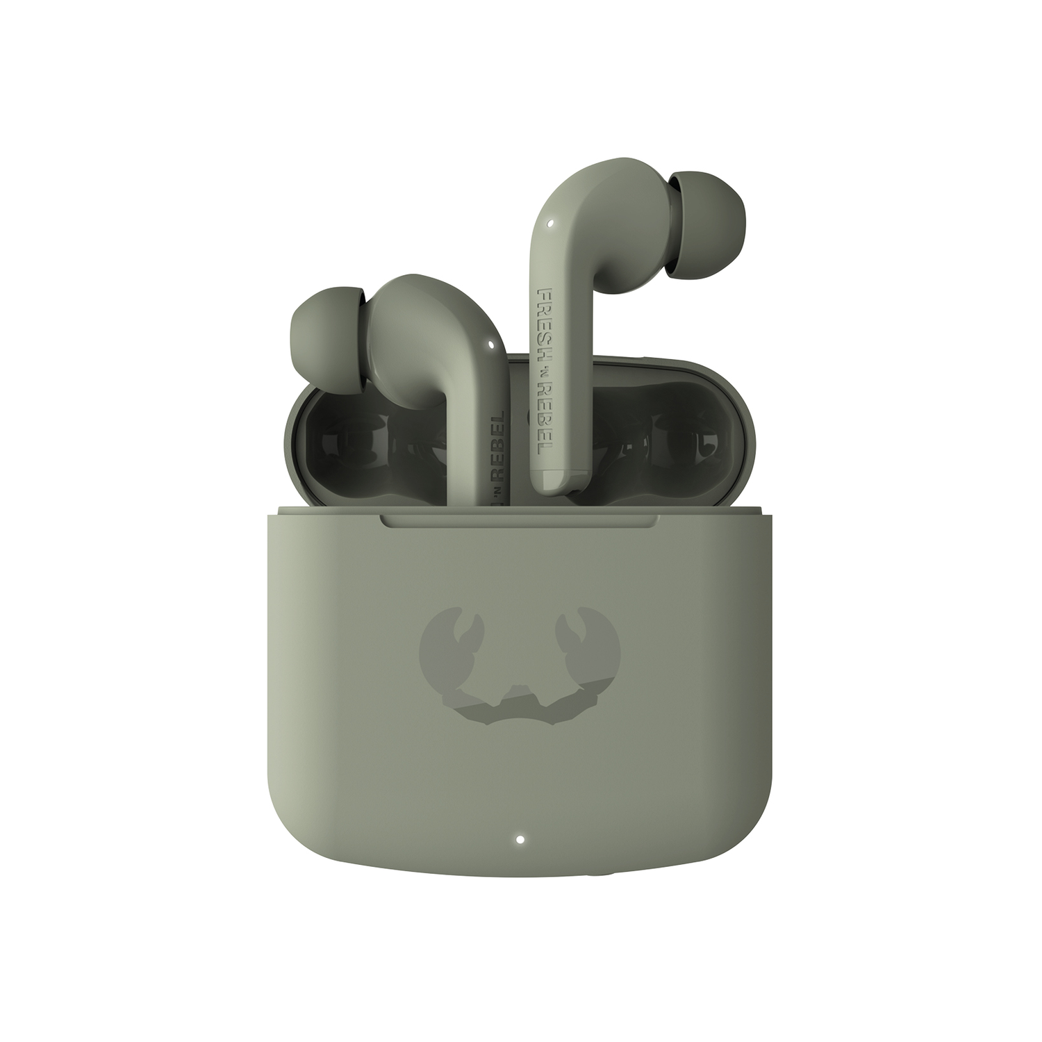 Sage green earbuds with case. White background. Logo on the case and earbuds.
