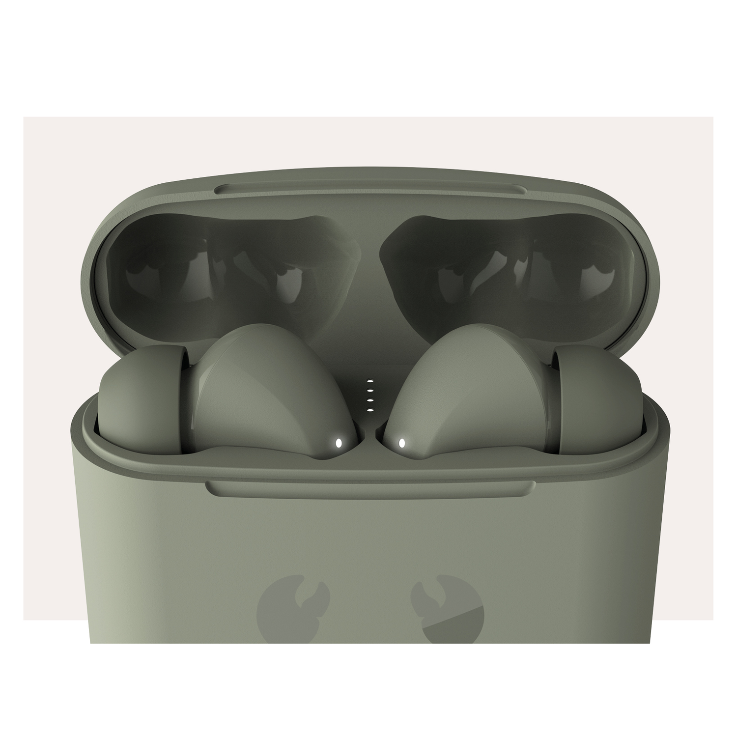 Green earbuds in a case. Case is open, showing the buds. White background.
