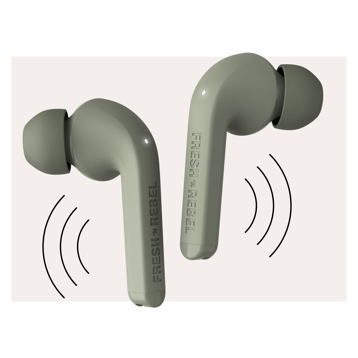 Two olive-green earbuds with sound waves emanating from them, on a light background.