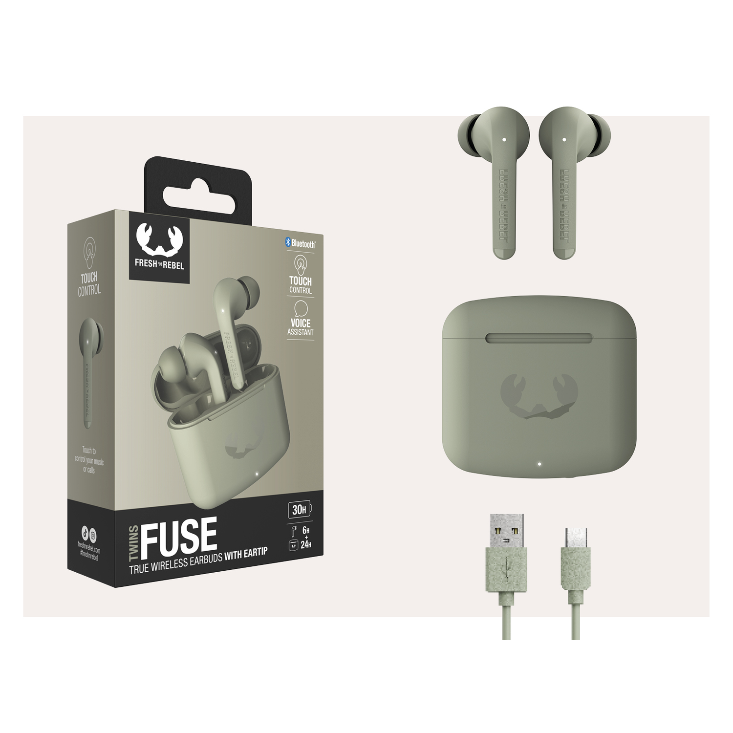 Earbuds set with case, box and cables. Color is olive green.