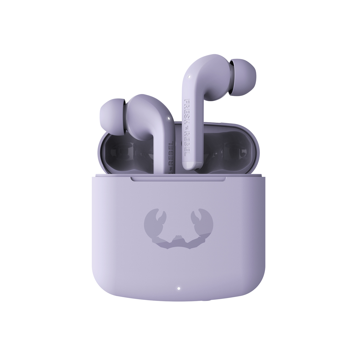A pair of purple earbuds and case. The case has a white logo on it.