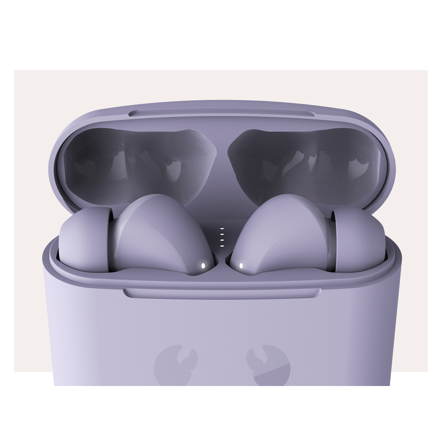 Lavender earbuds in a charging case. Three white lights are visible.