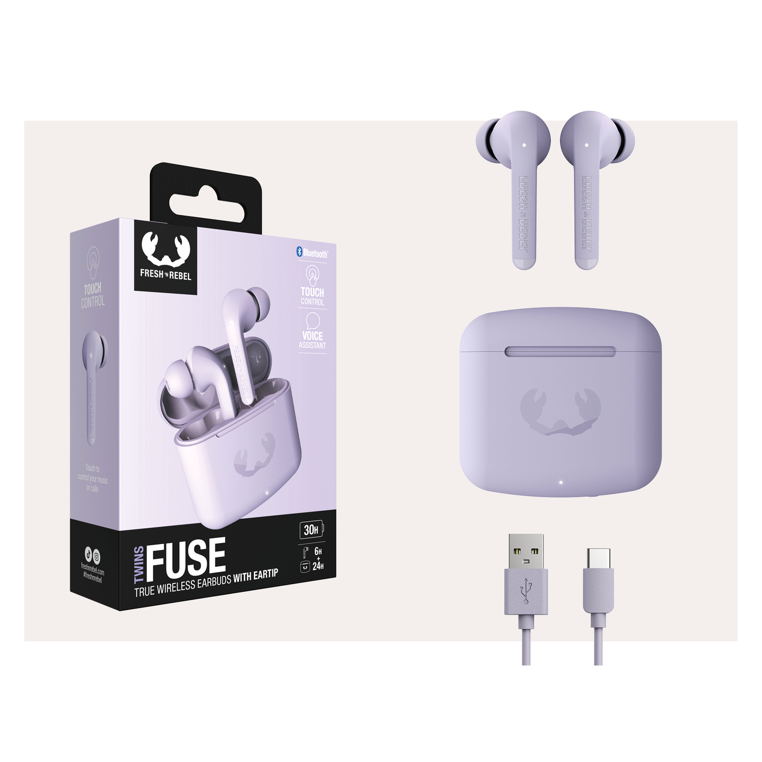 Earbuds and charging case with a box and cables. All in a light purple.