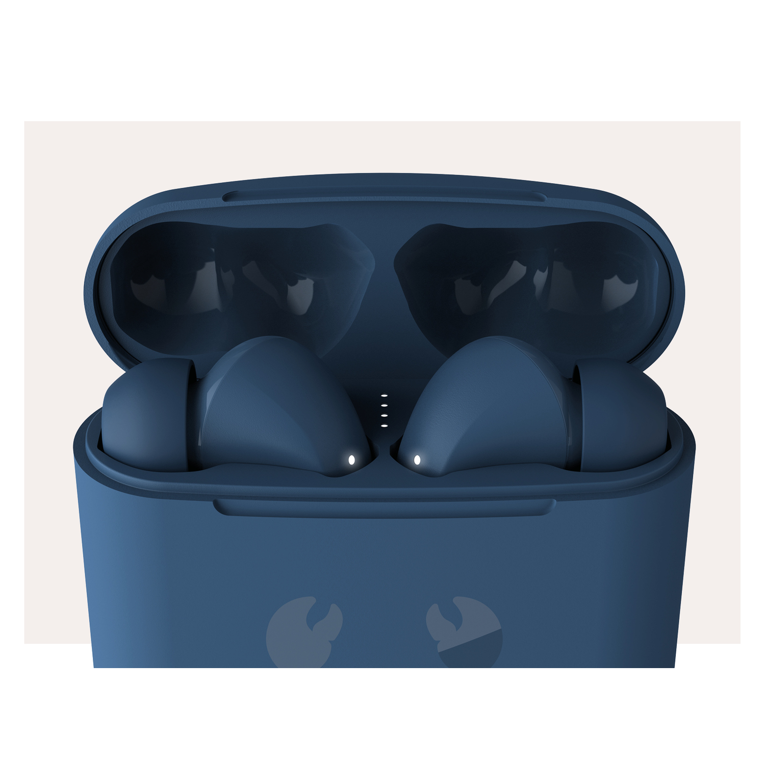 Blue earbuds in an open blue charging case, white background.