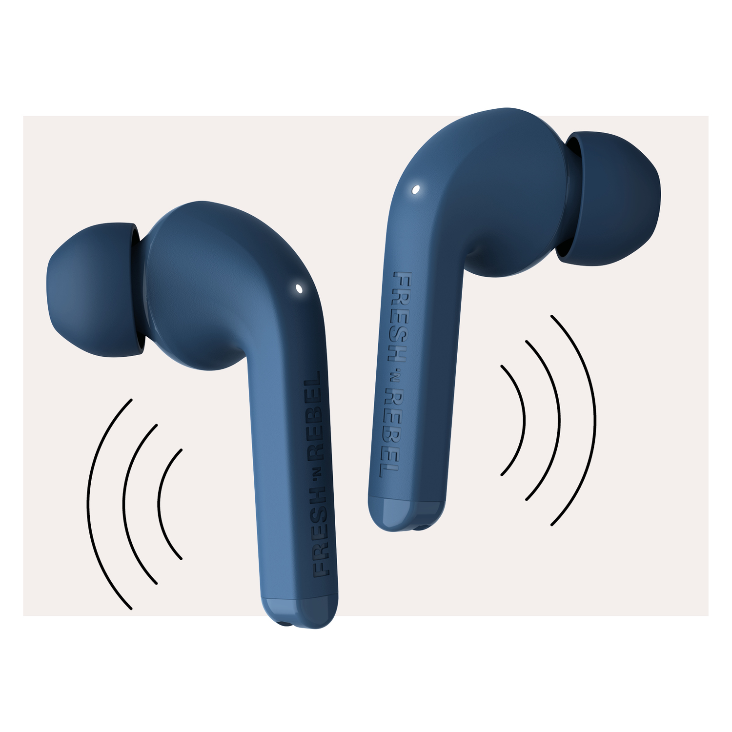 Two blue wireless earbuds, with sound waves, on a white background.