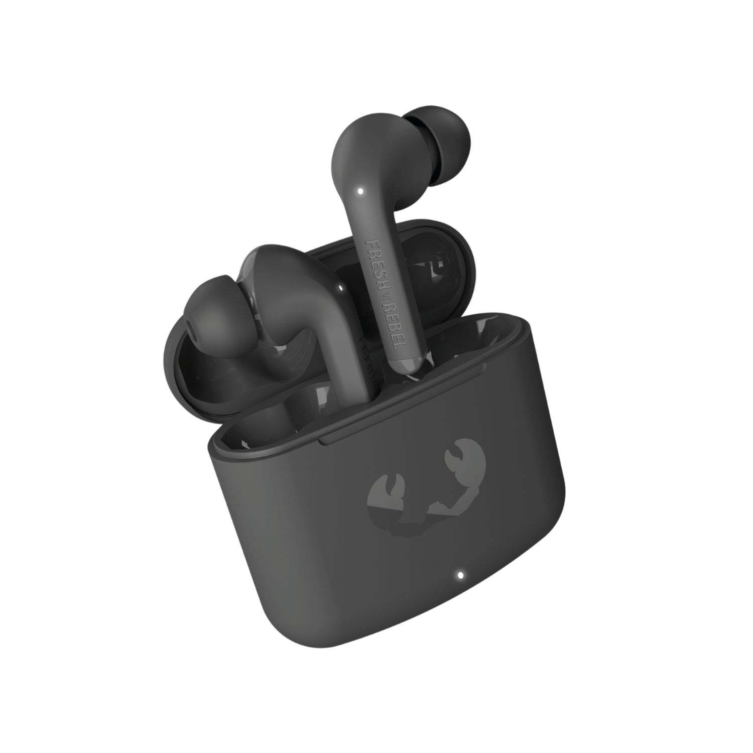 Black earbuds and charging case. The earbuds are outside the case. Black background.