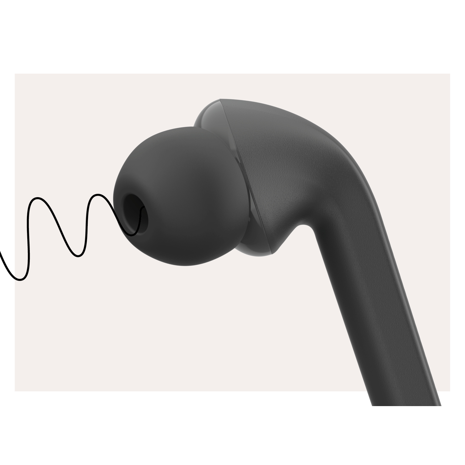 Black earbud with a curved stem and a wire. White background.