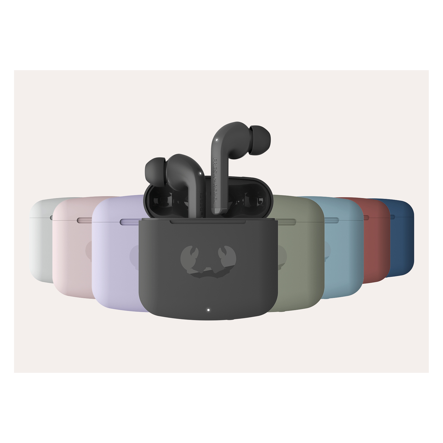 Earbuds in cases of various colors. Black earbuds are in the open black case.