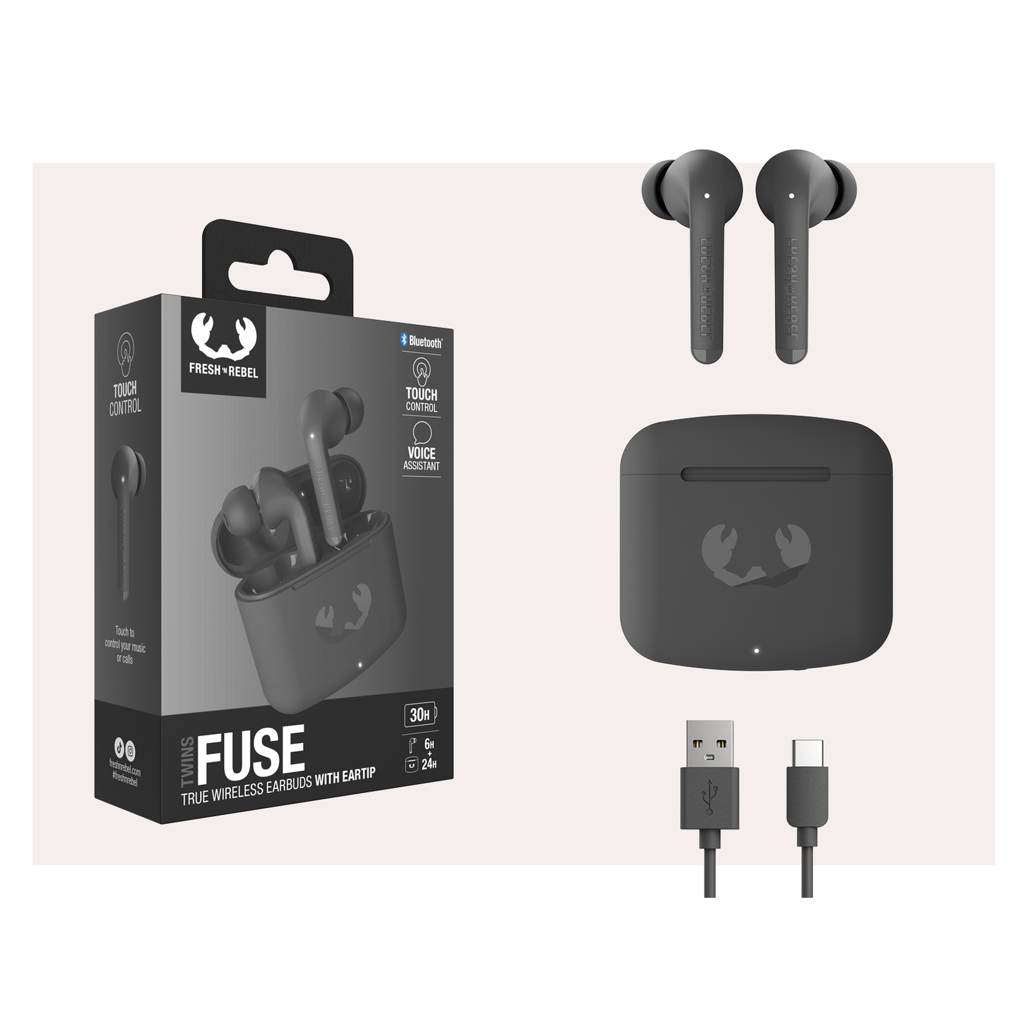 Black earbuds, charging case, and accessories with product packaging.