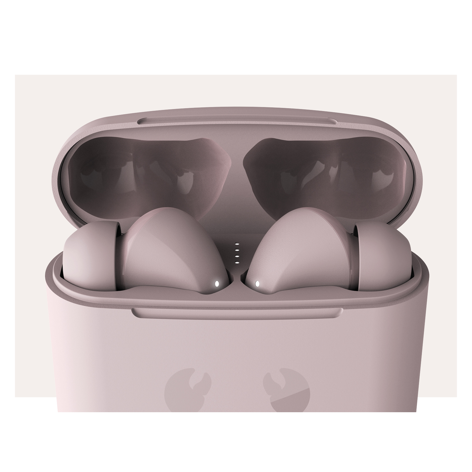 Pink charging case with two pink earbuds inside. The case is open, and there are three indicator lights.