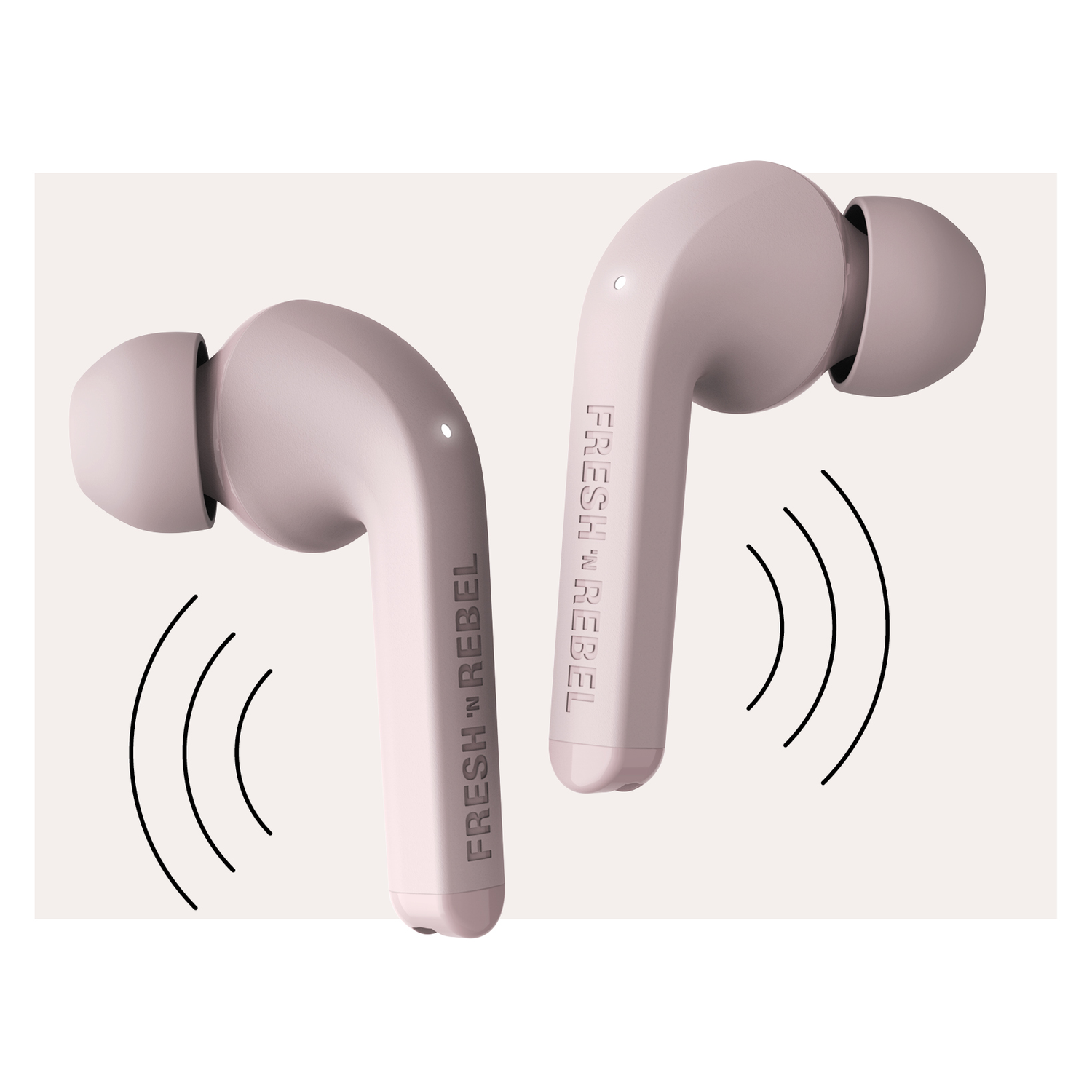 Two pink earbuds with sound wave symbols and 'FRESH REBEL' printed on them.