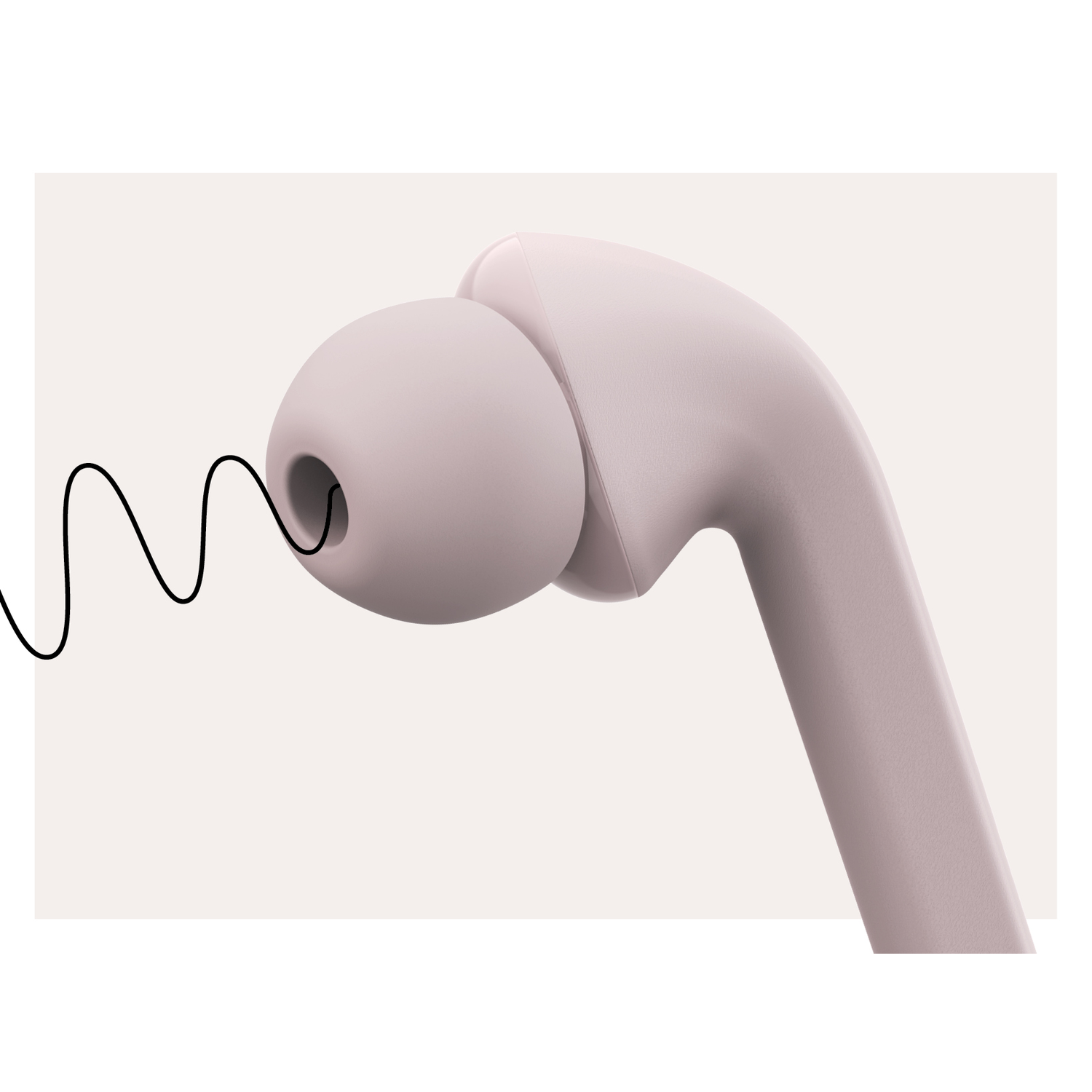 Pink earbud close-up. Black wavy line extends from the earbud. Pale background.