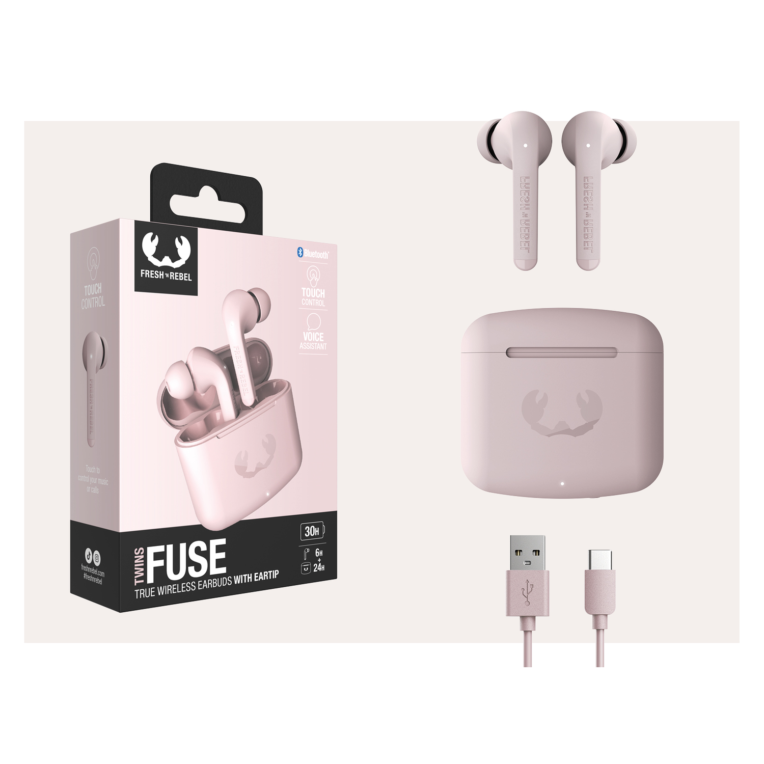 Pink earbuds, case, and cables with a box featuring the brand name.
