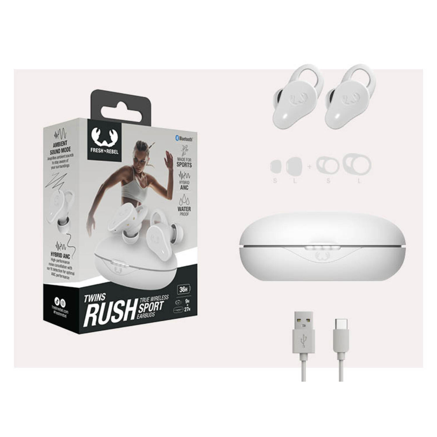 Ensemble d'écouteurs blancs et étui de chargement, avec emballage et câbles USB. Fond blanc.