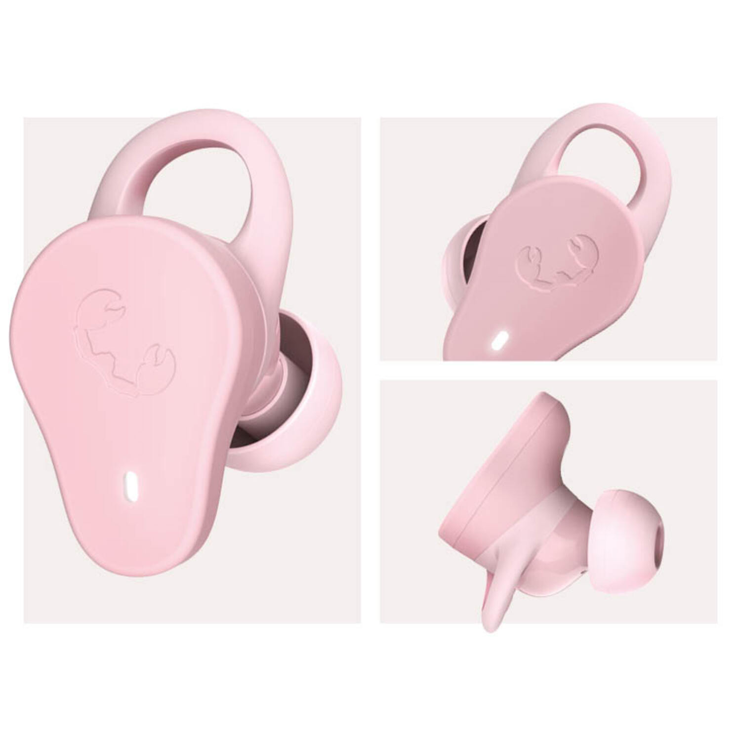 Écouteurs roses avec un logo, plusieurs vues, sur fond clair.