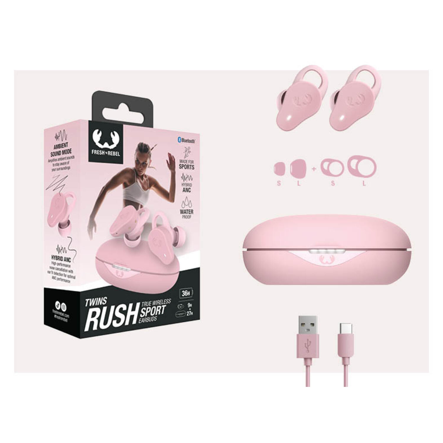 Un ensemble d'écouteurs roses avec une boîte, des écouteurs, des accessoires et un câble de chargement.