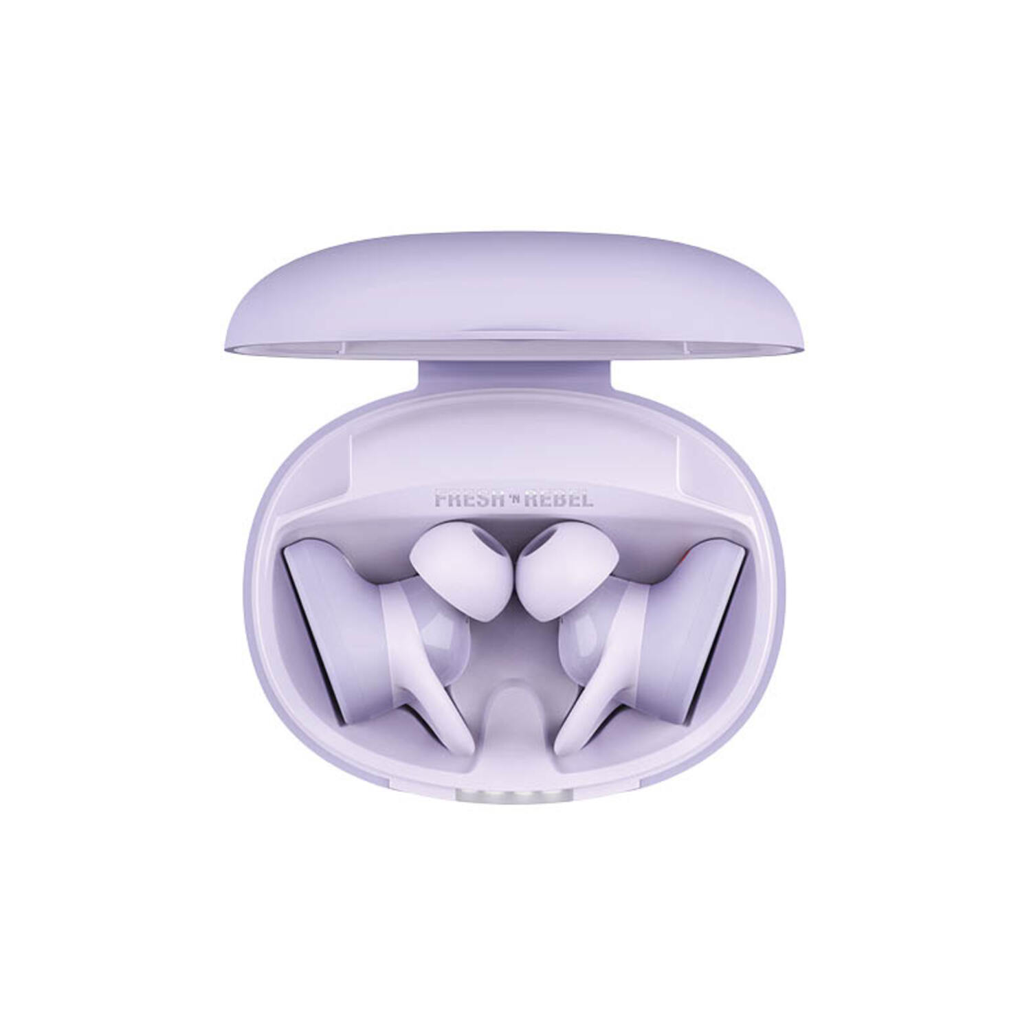 Écouteurs lilas ouverts dans un étui de chargement. La marque FRESH REBEL est visible.