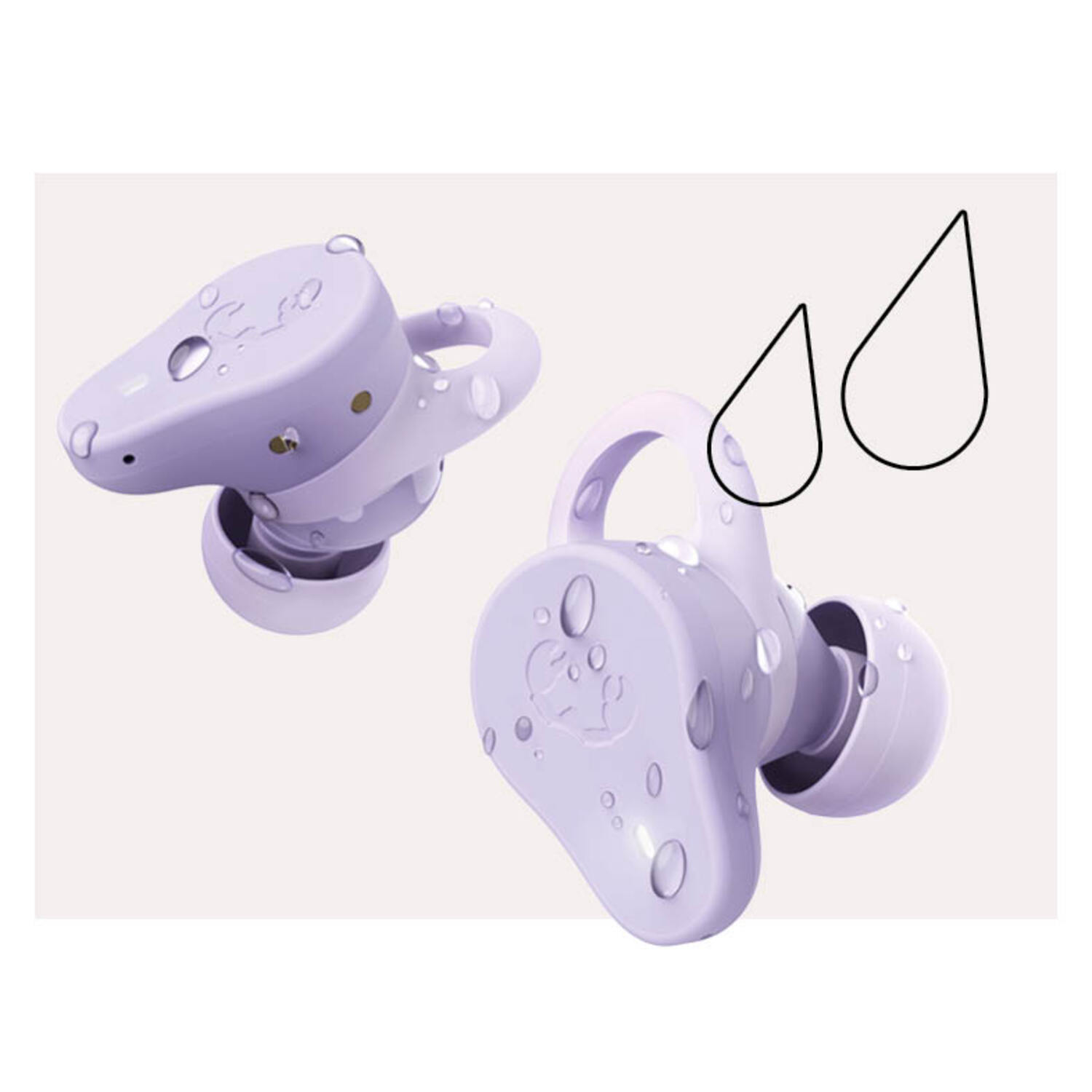 Deux écouteurs violets clairs avec des gouttelettes d'eau et une icône de goutte, fond blanc.