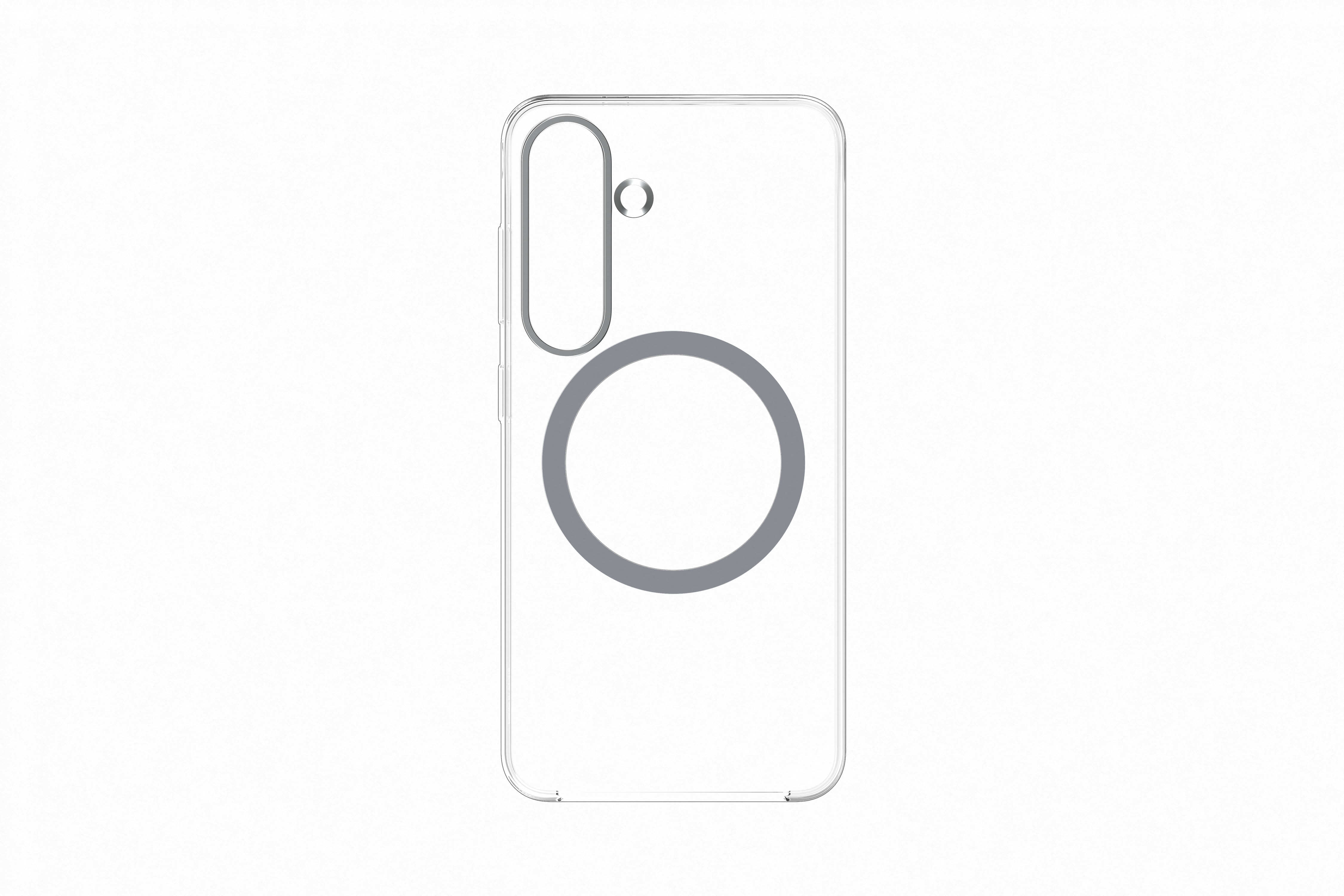 Transparente Handyhülle mit grauem kreisförmigen Design auf der Rückseite. Weißer Hintergrund.