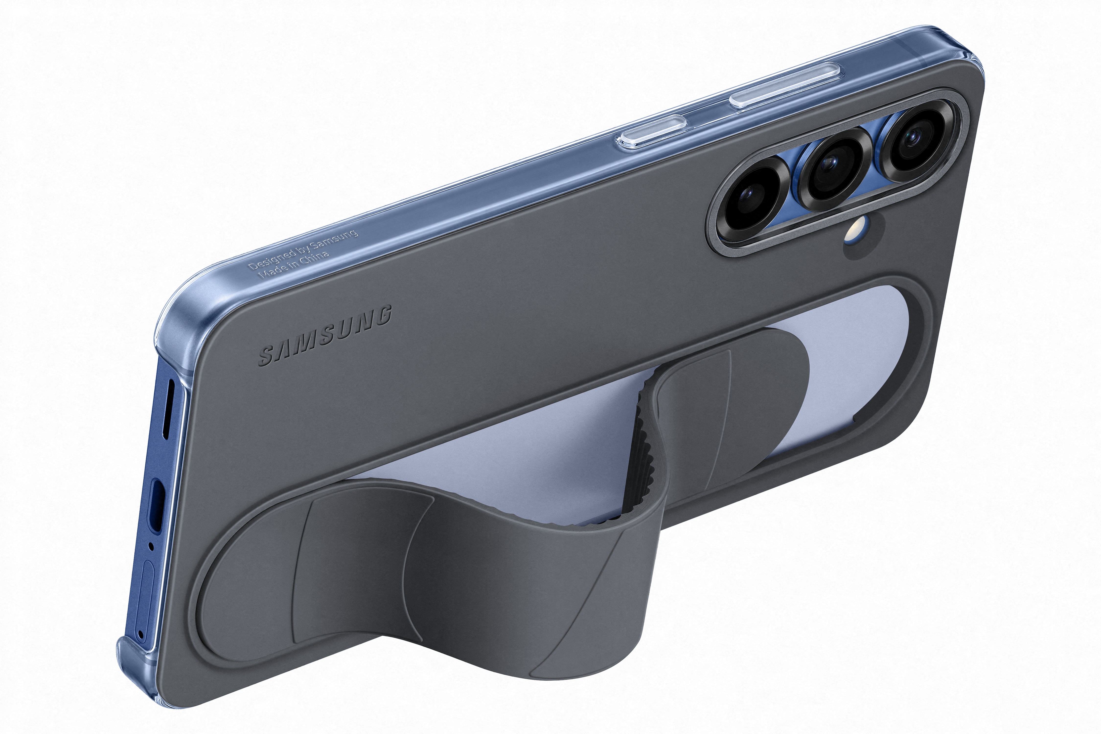Graue Handyhülle mit Ständer. Es hat ein Samsung-Logo und Kameraausschnitte.
