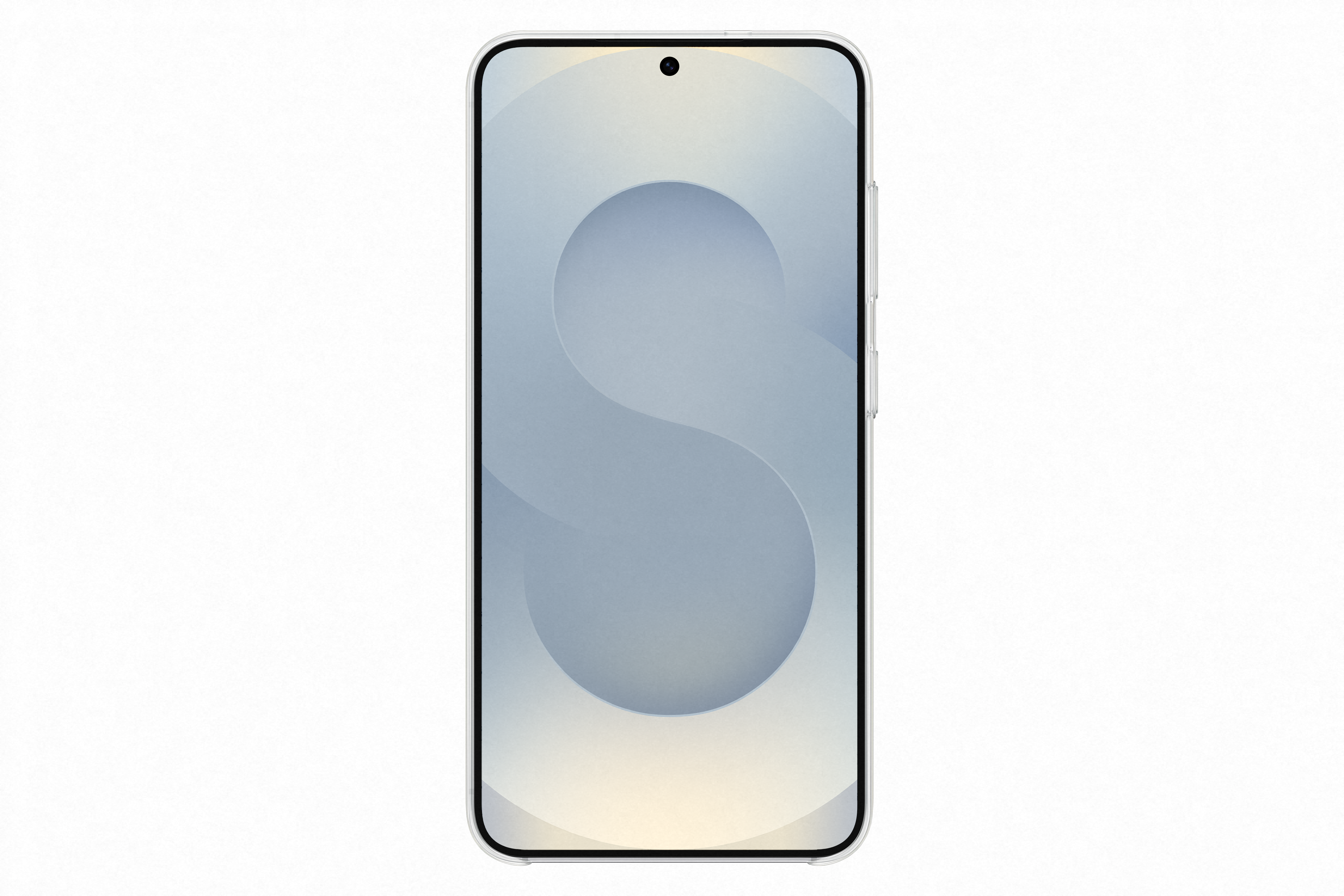 Weißes Smartphone mit großem Display, kleiner Kamera und weißem Hintergrund.